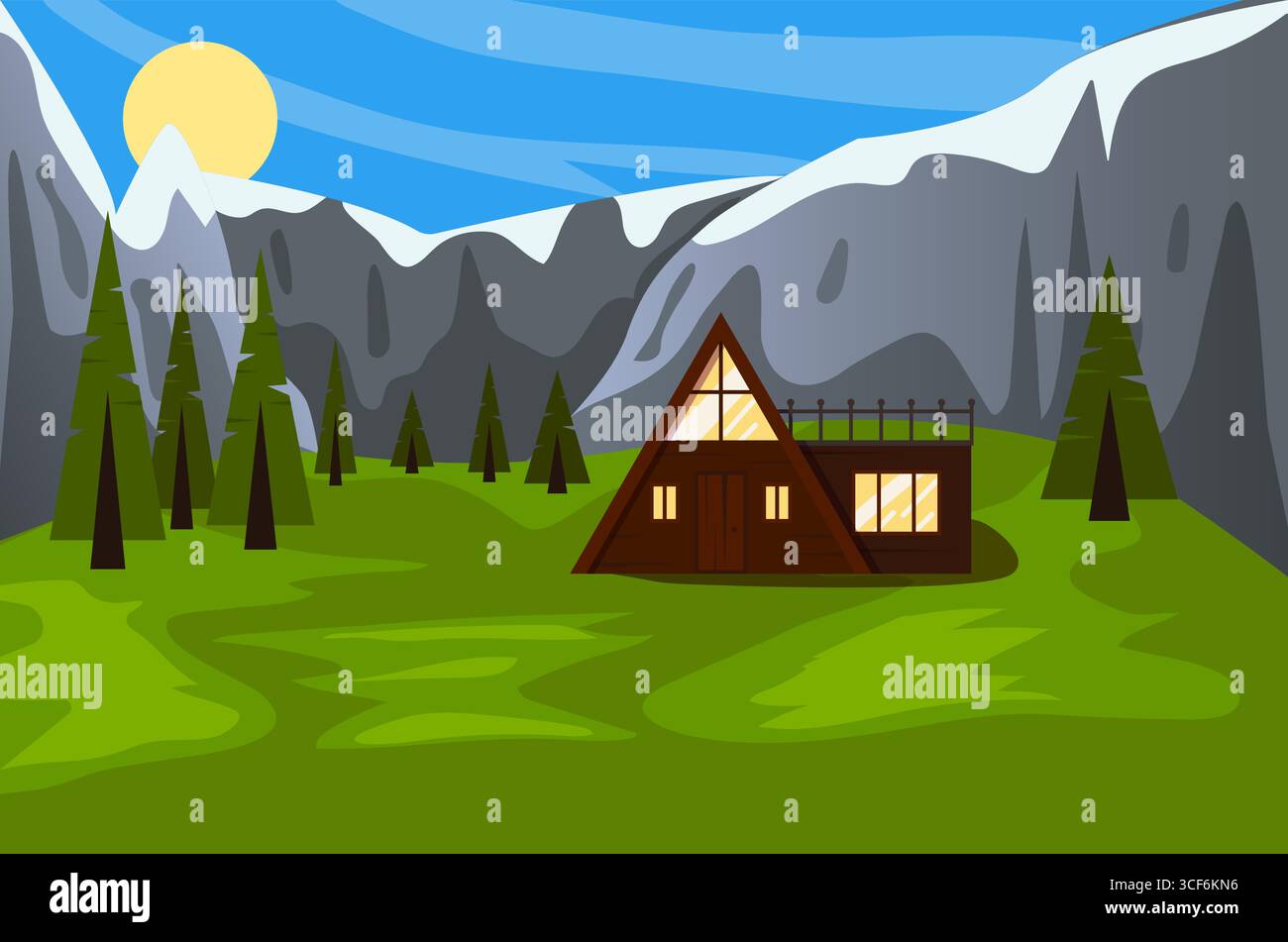 Paysage de minuscule maison triangulaire pour camping confortable dans la forêt avec des montagnes en arrière-plan. Concept de vacances écologique. Vecteur plat Illustration de Vecteur