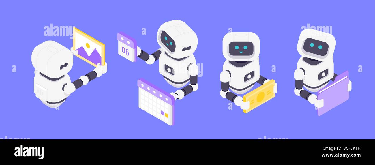 Illustration vectorielle isométrique moderne mettant en vedette quatre chatbots ai gérant le traitement d'image, la planification, la finance et l'analyse de données mettant en évidence artific Illustration de Vecteur