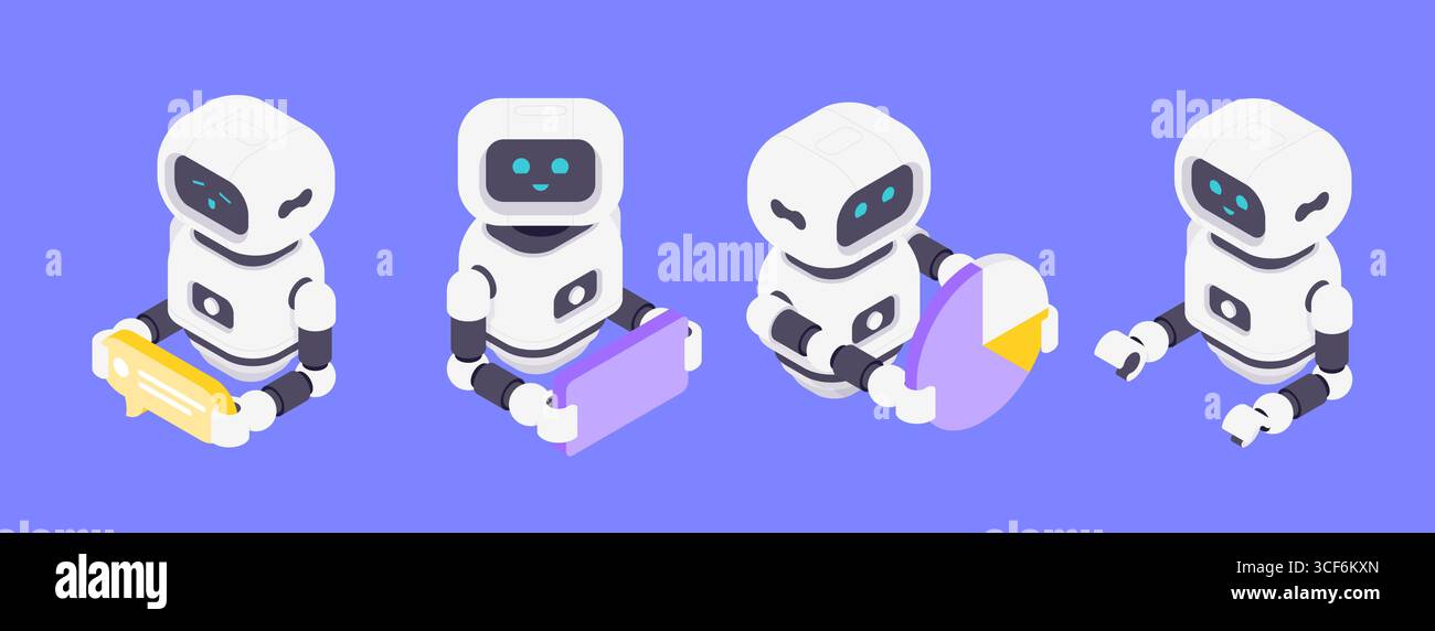 Illustration vectorielle isométrique mettant en vedette des robots IA symbolisant la messagerie, les applications mobiles, l'analyse de données et l'interaction adaptative dans un cadre convivial et moderne Illustration de Vecteur