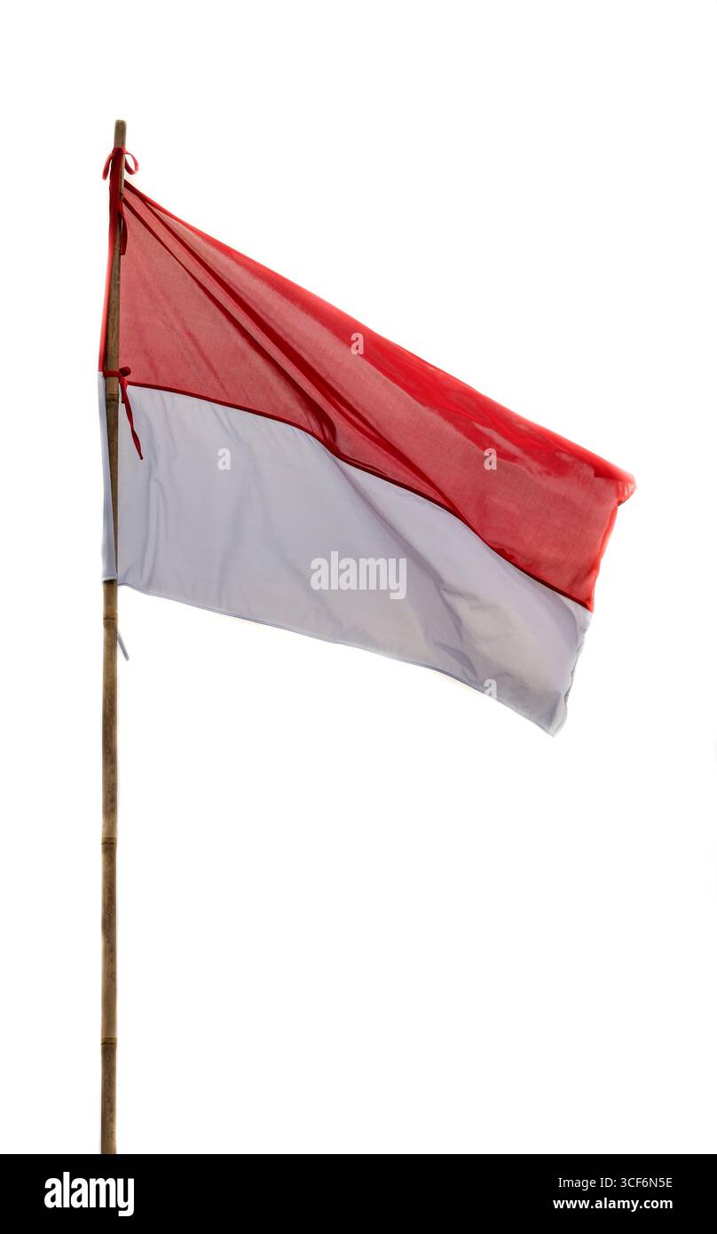 Une simplicité intemporelle. Le drapeau rouge et blanc ondule sur un poteau en bambou, nous rappelant la lutte des héros pour l'indépendance. Banque D'Images