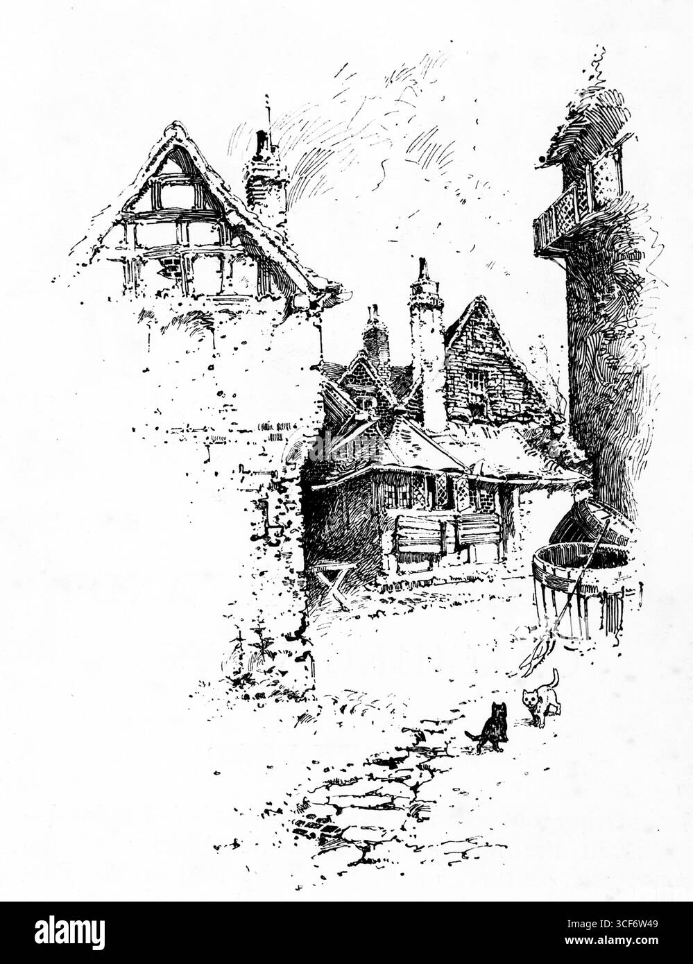 Lower Ship Inn, Reading présente une scène de village nostalgique rendue dans de fins dessins en noir et blanc. Les bâtiments à pans de bois avec des toits abrupts et des cheminées se regroupent autour d'un chemin pavé, évoquant une atmosphère chaleureuse et fermée. Une tour avec balcon ancre le côté droit, tandis qu'un chat et un chien errent au premier plan. La composition allie charme architectural et narration tranquille. Illustrations publiées pour la première fois en 1888 par Richard Clay and sons dans le livre Coaching Days and Coaching Ways de W. Outram Tristram. Les illustrateurs étaient Herbert Railton et Hugh Thomson. Banque D'Images