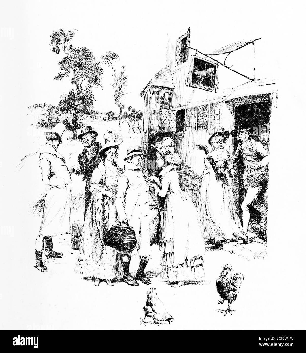 Attendre le Stagecoach évoque un moment d'anticipation tranquille à l'extérieur d'une écurie rustique ou auberge. Des personnages en tenue vestimentaire des XVIIIe et XIXe siècles se mêlent près d'une structure lointaine, certains avec des sacs ou des chapeaux, suggérant un voyage imminent. Les poulets picorent au premier plan, ancrant la scène dans la vie rurale. La composition mêle interaction sociale, charme pastoral et espérance narrative. Illustrations publiées pour la première fois en 1888 par Richard Clay and sons dans le livre Coaching Days and Coaching Ways de W. Outram Tristram. Les illustrateurs étaient Herbert Railton et Hugh Thomson. Banque D'Images