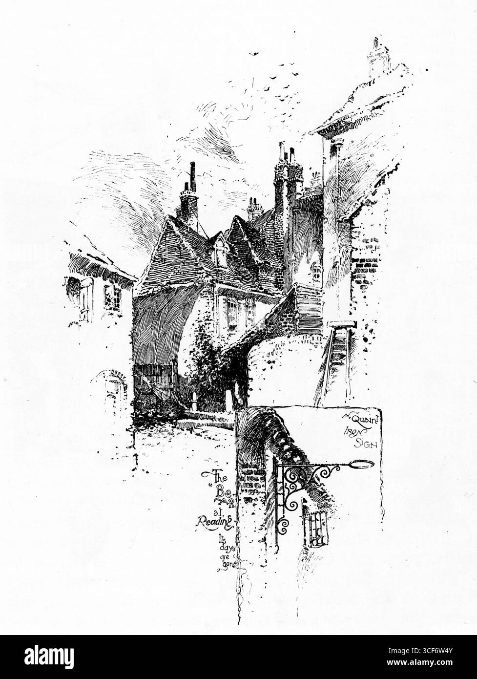 The Bear, Reading représente une rue pavée étroite flanquée de bâtiments à toit escarpé et à pans de bois avec briques et cheminées. Un support en fer forgé soutient un panneau suspendu indiquant « The Bear Reading » encart bien en vue. La scène évoque le charme urbain des XVIIIe et XIXe siècles, avec une architecture dense et des détails nostalgiques suggérant un paysage urbain anglais historique. Illustrations publiées pour la première fois en 1888 par Richard Clay and sons dans le livre Coaching Days and Coaching Ways de W. Outram Tristram. Les illustrateurs étaient Herbert Railton et Hugh Thomson. Banque D'Images