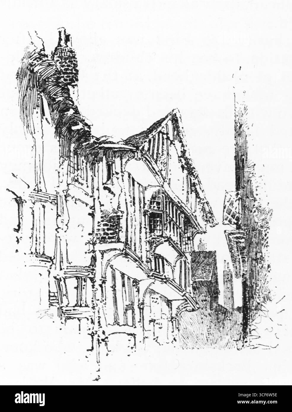 La scène de rue Tudor se déroule avec des bâtiments à pans de bois penchés sur des chemins pavés, leurs toits à pignons et leurs fenêtres en treillis évoquant l'artisanat du XVIe siècle. Des cheminées de briques ponctuent la ligne d'horizon, tandis qu'une flèche lointaine laisse entrevoir une présence ecclésiastique. Les boiseries complexes et la perspective comprimée suggèrent un quartier de drapier animé – peut-être le domaine de John Winchcombe, le célèbre « Jack of Newbury ». Illustrations publiées pour la première fois en 1888 par Richard Clay and sons dans le livre Coaching Days and Coaching Ways de W. Outram Tristram. Les illustrateurs étaient Herbert Railton et Hugh Thomson. Banque D'Images