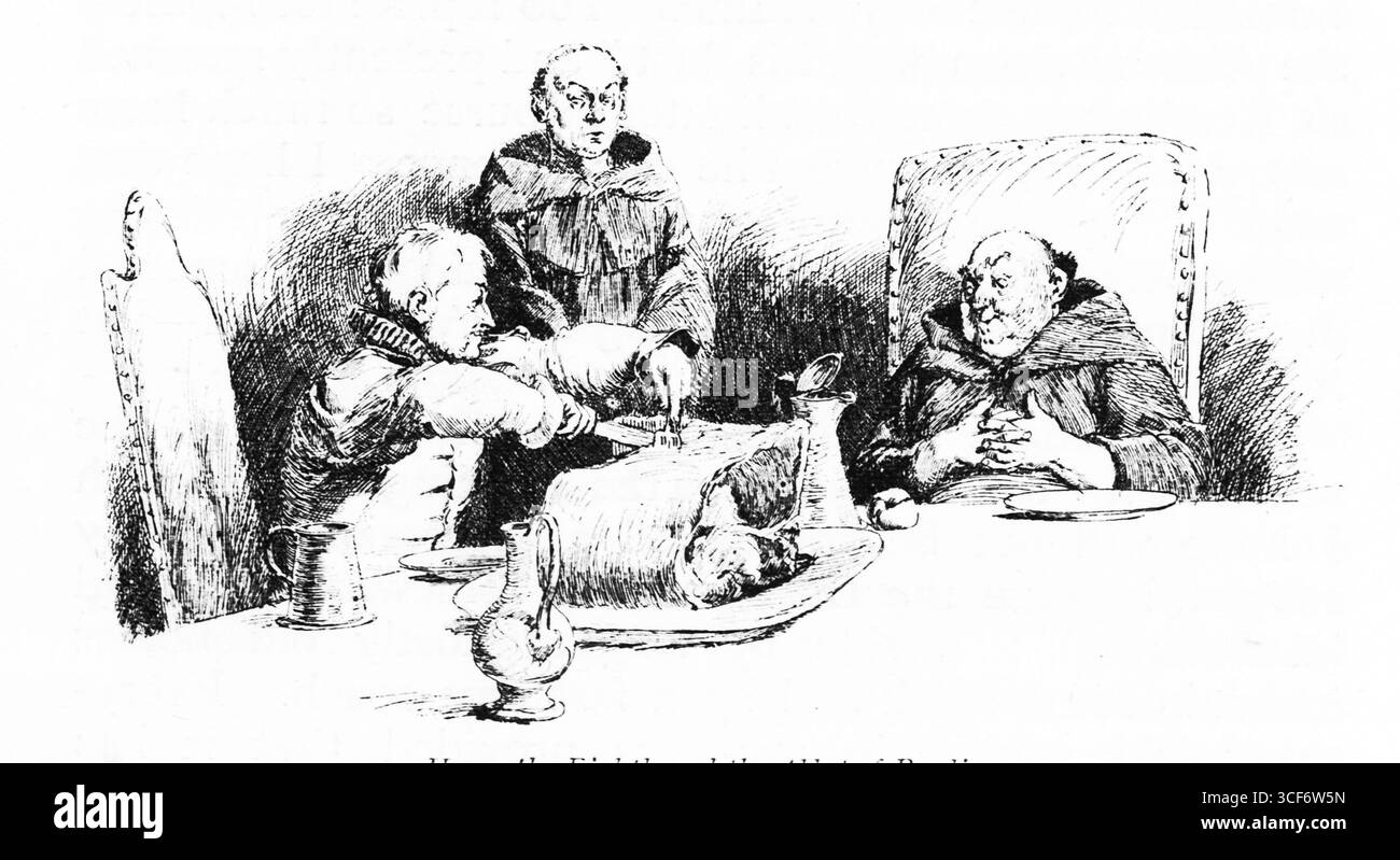 Trois figurines rodées s'assoient autour d'une modeste table à manger. L'un d'eux, probablement Henri VIII, sculpte un grand joint de bœuf avec une attention délibérée, tandis que l'abbé de la lecture regarde solennellement. Un troisième moine agrafe ses mains dans un reflet silencieux. La scène évoque une tension cérémonielle, au milieu de meubles ecclésiastiques et de vêtements Tudor, suggérant un moment d’hospitalité symbolique avant la rupture politique. Illustration publiée pour la première fois en 1888 par Richard Clay and sons dans le livre Coaching Days and Coaching Ways de W. Outram Tristram. Les illustrateurs étaient Herbert Railton et Hugh Thomson. Banque D'Images