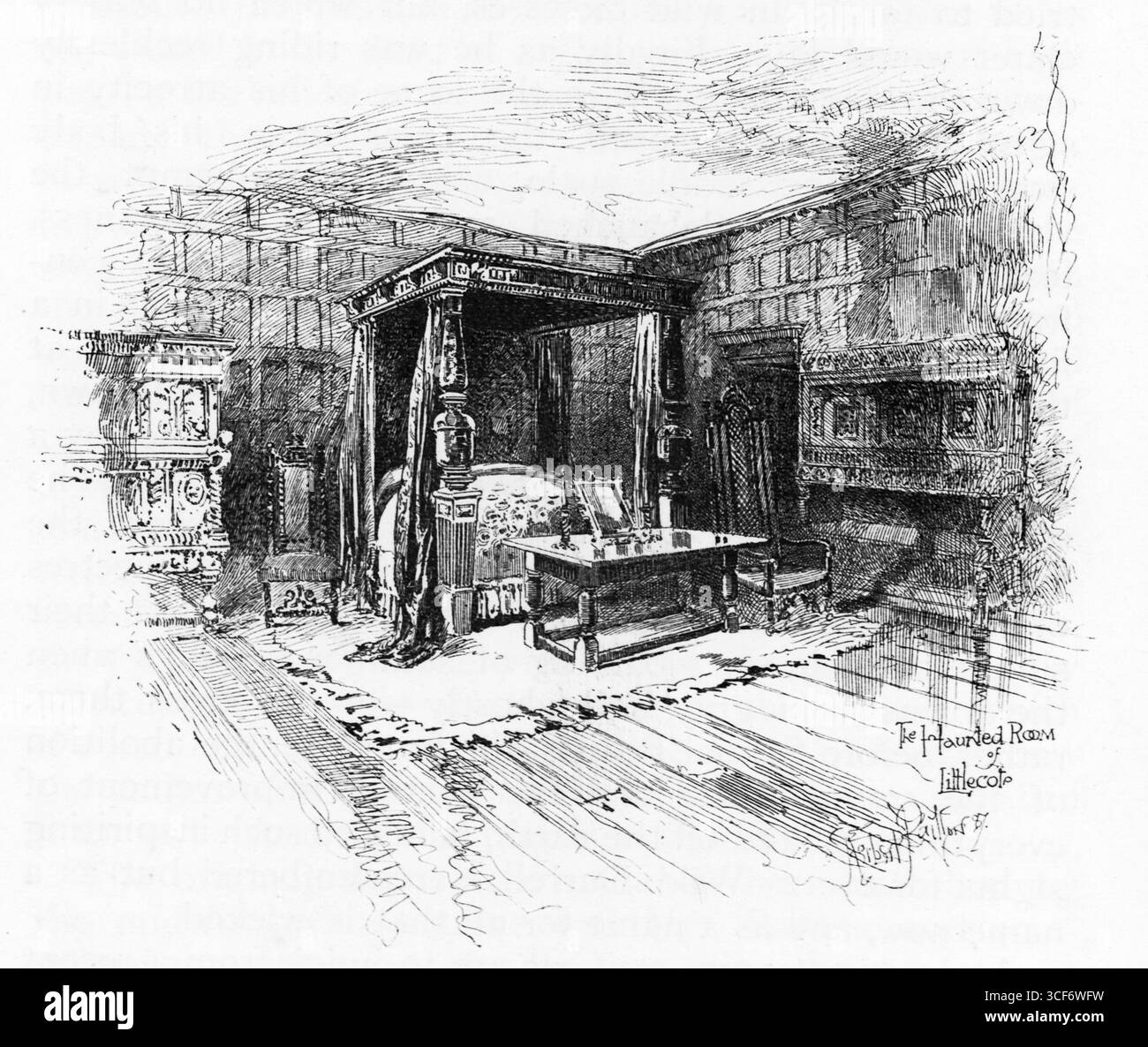 La salle hantée du Littlecote respire la grandeur solennelle : des poutres en bois traversent un plafond ombragé, tandis que des fenêtres à plomb filtrent la lumière pâle sur les meubles vieillis. Une lourde cheminée ancre l’espace, sa maçonnerie usée et étoilée. Le calme et la symétrie de la pièce suggèrent une présence persistante, comme si l’histoire elle-même résidait dans les coins tranquilles de cet intérieur hanté. Illustration publiée pour la première fois en 1888 par Richard Clay and sons dans le livre Coaching Days and Coaching Ways de W. Outram Tristram. Les illustrateurs étaient Herbert Railton et Hugh Thomson. Banque D'Images