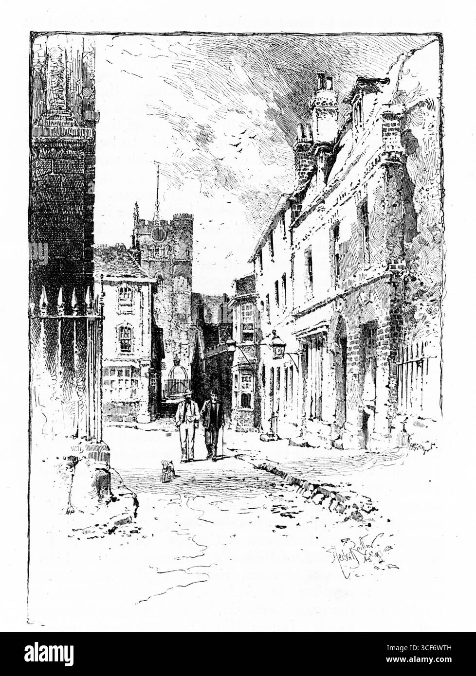 Une rue étroite et pavée mène à l'église de Saint Jean, sa tour s'élevant au-dessus des toits à pignons et des fenêtres voûtées. Deux personnages en longs manteaux passent devant des clôtures en fer forgé et des façades en pierre vieillie. Le croquis évoque un Devizes calme et historique, ses textures médiévales et son intimité architecturale rendues en monochrome avec une précision atmosphérique. Illustration publiée pour la première fois en 1888 par Richard Clay and sons dans le livre Coaching Days and Coaching Ways de W. Outram Tristram. Les illustrateurs étaient Herbert Railton et Hugh Thomson. Banque D'Images Une rue étroite et pavée mène à l'église de Saint Jean, sa tour s'élevant au-dessus des toits à pignons et des fenêtres voûtées. Deux personnages en longs manteaux passent devant des clôtures en fer forgé et des façades en pierre vieillie. Le croquis évoque un Devizes calme et historique, ses textures médiévales et son intimité architecturale rendues en monochrome avec une précision atmosphérique. Illustration publiée pour la première fois en 1888 par Richard Clay and sons dans le livre Coaching Days and Coaching Ways de W. Outram Tristram. Les illustrateurs étaient Herbert Railton et Hugh Thomson. Banque D'Images