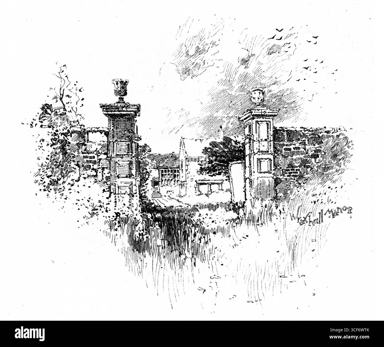 À l'entrée du Wraxhall Manor, deux piliers en pierre couronnés d'urnes s'élèvent au milieu de murs en ruine et d'herbe emmêlée. Une structure à pignons ancre la distance, tandis que les oiseaux dérivent à travers un ciel ombragé. L’artiste a simplement écrit « Wraxhall Manor », donnant une autorité tranquille à cette esquisse atmosphérique de déclin architectural et de dignité rurale dans le Wiltshire. Illustration publiée pour la première fois en 1888 par Richard Clay and sons dans le livre Coaching Days and Coaching Ways de W. Outram Tristram. Les illustrateurs étaient Herbert Railton et Hugh Thomson. Banque D'Images