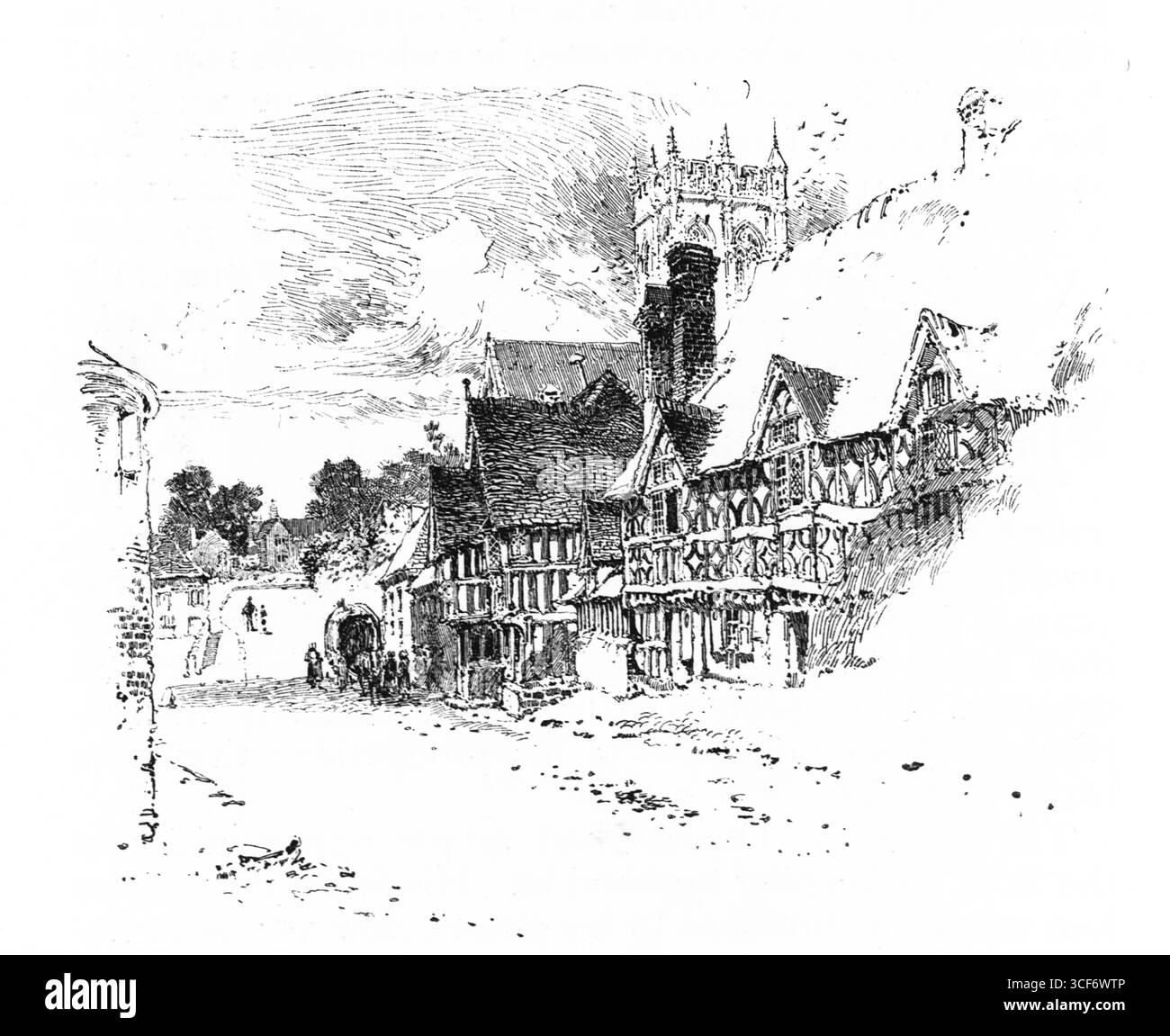 Des bâtiments à pignons abrupts bordent une rue étroite de Potterne, leurs formes groupées menant à une église imposante au loin. Une calèche tirée par des chevaux et des figures éparses animent la ruelle pavée, évoquant les rythmes de la vie quotidienne. Le croquis monochrome capture l'intimité architecturale et la superposition historique d'un village façonné par des siècles. Illustration publiée pour la première fois en 1888 par Richard Clay and sons dans le livre Coaching Days and Coaching Ways de W. Outram Tristram. Les illustrateurs étaient Herbert Railton et Hugh Thomson. Banque D'Images