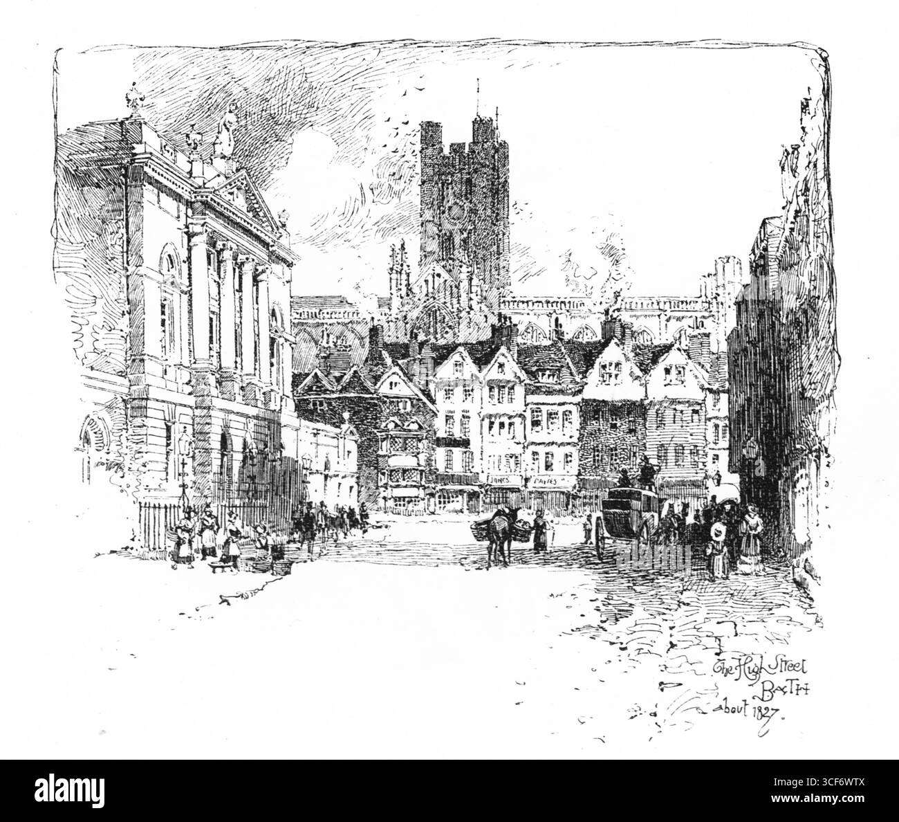 High Street in Bath se déploie dans des détails monochromes, où les façades classiques et médiévales convergent autour d'une artère animée. Une grande tour d'église ancre l'horizon, tandis que les piétons, les coureurs et les calèches animent la scène. L'illustration capture l'élégance architecturale et le rythme civique, évoquant la vitalité stratifiée d'une ville anglaise historique à son cœur culturel. Illustration publiée pour la première fois en 1888 par Richard Clay and sons dans le livre Coaching Days and Coaching Ways de W. Outram Tristram. Les illustrateurs étaient Herbert Railton et Hugh Thomson. Banque D'Images