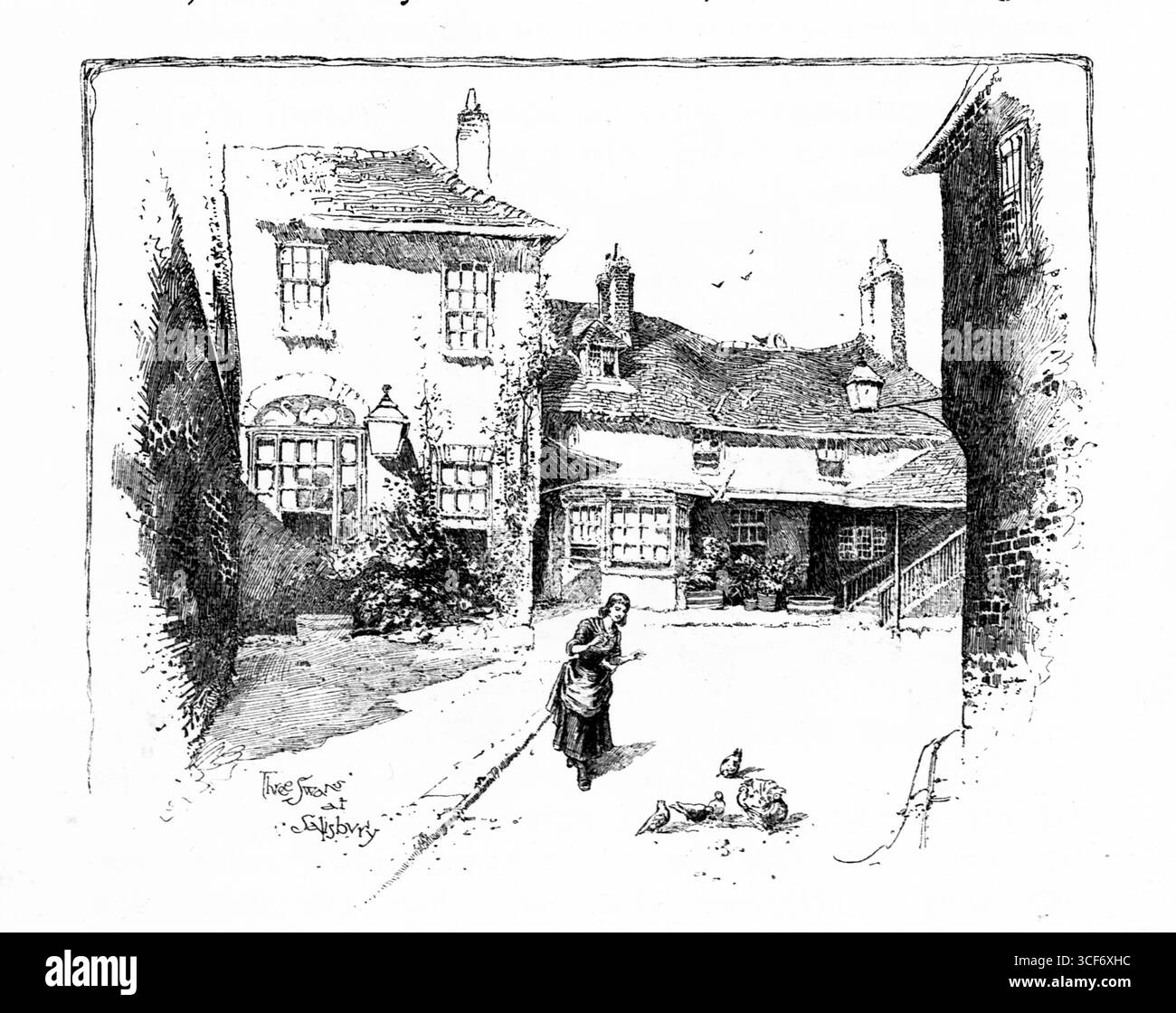 Niché le long d'une étroite rue pavée de Salisbury, le Three Swans présente une façade confortable de toits à pignons, de fenêtres à plusieurs vitres et de cheminées groupées. Une femme se penche vers une petite figure au premier plan, ajoutant de la tendresse à la scène domestique. Le rendu noir et blanc capture la texture architecturale et l'intimité du village, évoquant le charme du XVIIIe siècle et le rythme social tranquille. Illustration publiée pour la première fois en 1888 par Richard Clay and sons dans le livre Coaching Days and Coaching Ways de W. Outram Tristram. Les illustrateurs étaient Herbert Railton et Hugh Thomson. Banque D'Images