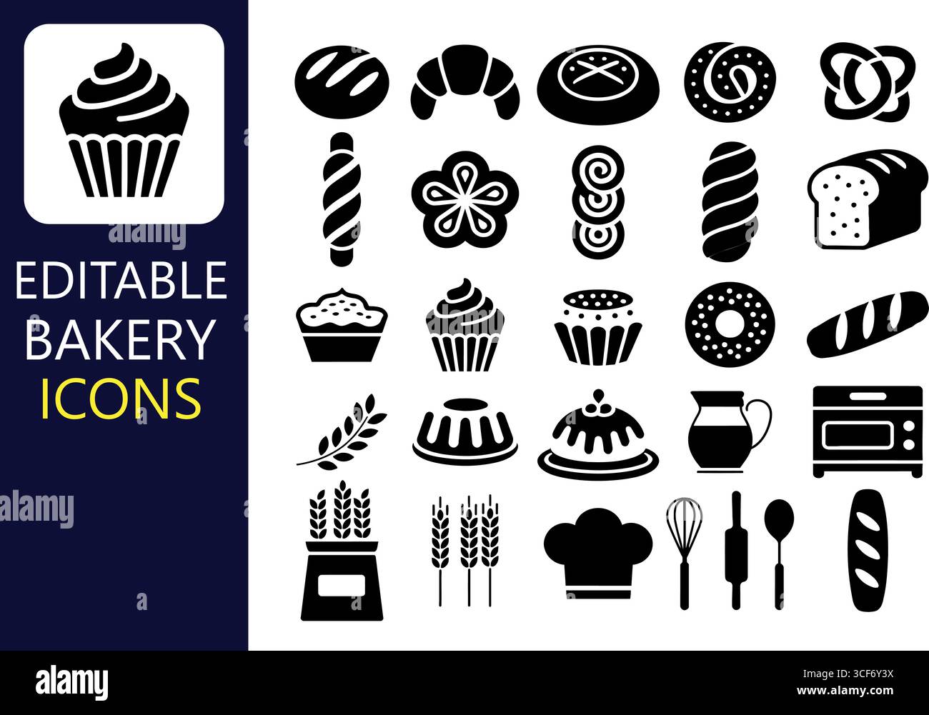 Charmantes icônes de boulangerie pour vos créations délectables, avec de délicieux pains, pâtisseries et friandises dans un style moderne et minimaliste pour les menus et plus encore Illustration de Vecteur