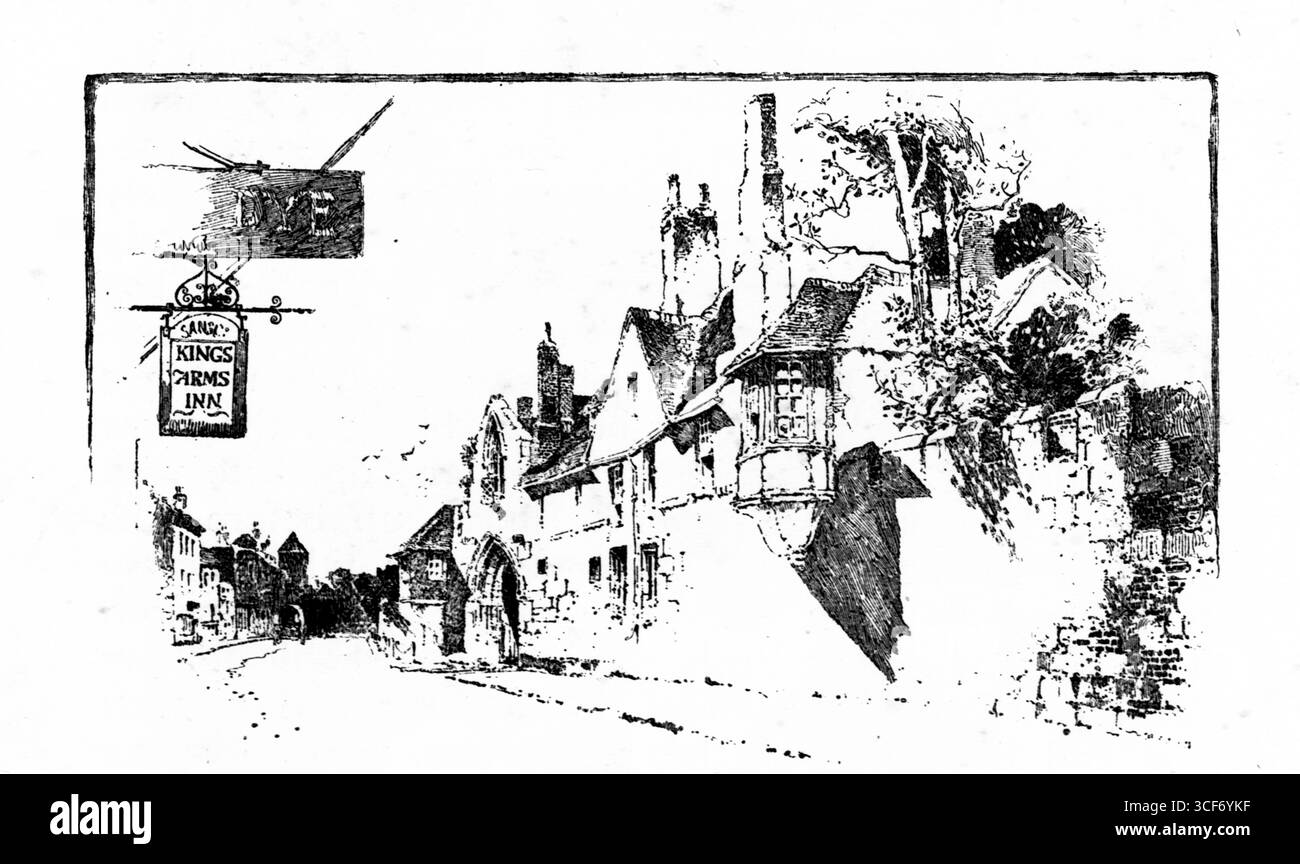 St Anne’s Gate à Salisbury présente une rue calme encadrée par des toits à pignons, des façades en pierre et des cheminées historiques. Un panneau suspendu pour le Kings Arms Inn ancre le premier plan gauche, tandis qu'une antenne de télévision et un écran introduisent une subtile dissonance temporelle. Le croquis en noir et blanc capture le passage en couches du temps dans un paysage urbain de caractère durable. Illustration publiée pour la première fois en 1888 par Richard Clay and sons dans le livre Coaching Days and Coaching Ways de W. Outram Tristram. Les illustrateurs étaient Herbert Railton et Hugh Thomson. Banque D'Images