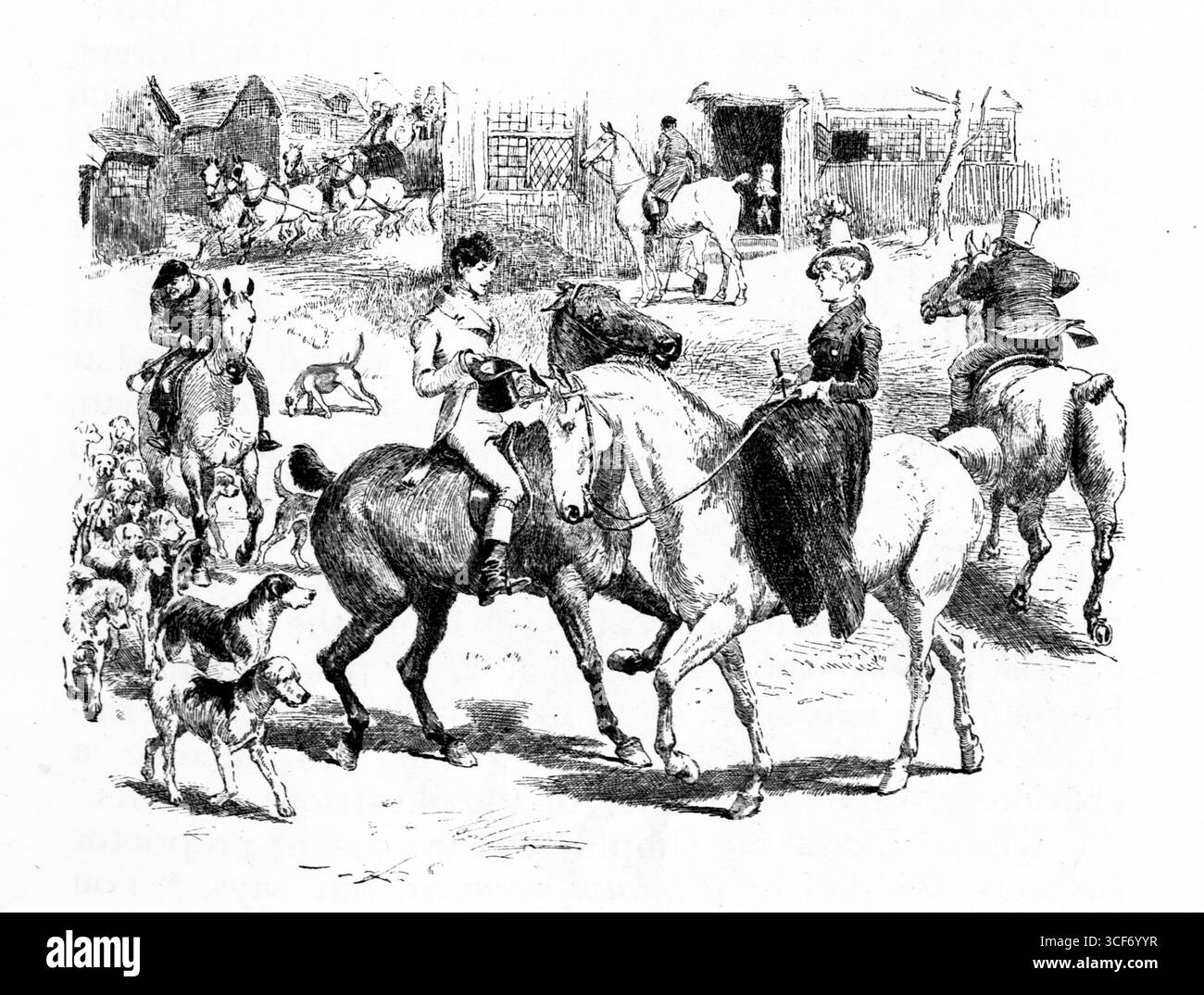 À l'extérieur d'une auberge de campagne, les cavaliers se rassemblent à cheval, accompagnés d'une meute animée de chiens. Deux femmes et un homme dirigent le premier plan, leur tenue vestimentaire et leur posture suggérant un événement social ou sportif. Plus de figures et d'animaux remplissent le fond, encadrés par des clôtures et des bâtiments ruraux. Le croquis monochrome évoque la tradition, le mouvement et l'anticipation communautaire. Illustration publiée pour la première fois en 1888 par Richard Clay and sons dans le livre Coaching Days and Coaching Ways de W. Outram Tristram. Les illustrateurs étaient Herbert Railton et Hugh Thomson. Banque D'Images