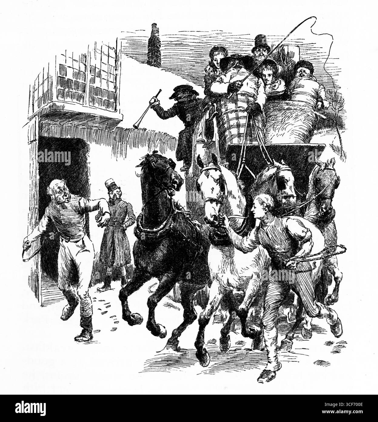 Une calèche à quatre chevaux traverse une rue, ses passagers saisis par une alarme. Le conducteur frappe les rênes, tandis que deux hommes tentent de stopper le chaos et un autre fuit les lieux. Un bâtiment avec un balcon se dresse derrière, encadrant les spectateurs surpris. L'illustration monochrome craque avec le mouvement, le drame et la suggestion d'une urgence historique ou littéraire. Illustration publiée pour la première fois en 1888 par Richard Clay and sons dans le livre Coaching Days and Coaching Ways de W. Outram Tristram. Les illustrateurs étaient Herbert Railton et Hugh Thomson. Banque D'Images