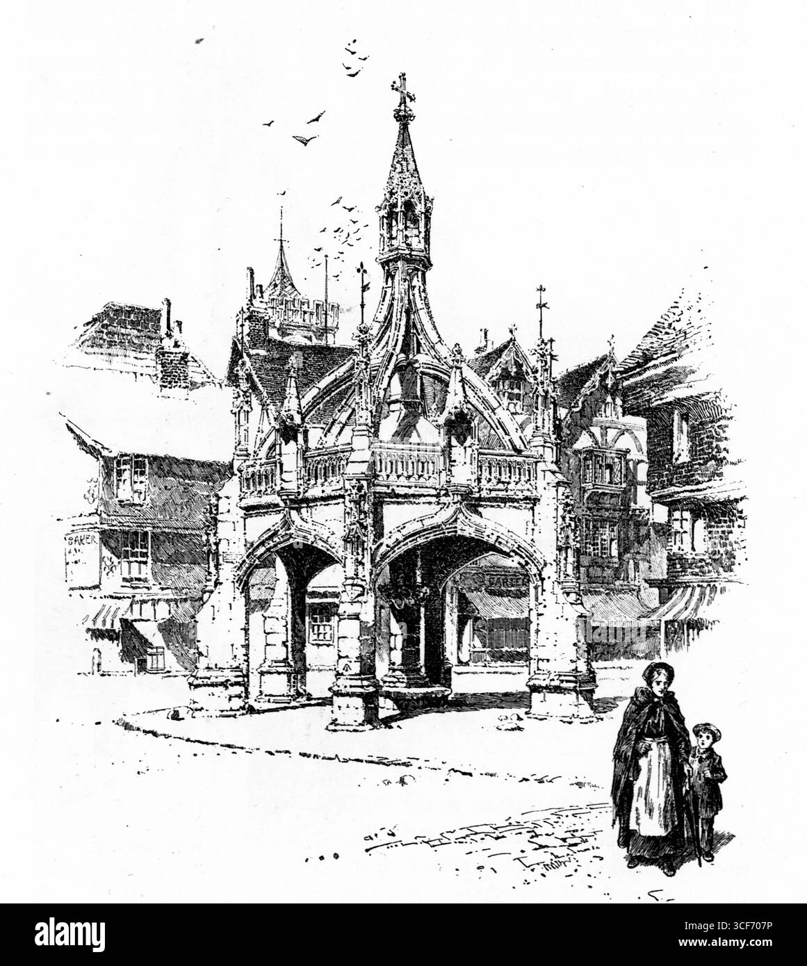 La croix de volaille s'élève au cœur de Salisbury, ses arches gothiques et sa flèche ornée qui commandent la place de la ville. Élevée sur une plate-forme en escalier, la structure ancre autour des bâtiments à pignons et des rues pavées. Une femme et un enfant passent au premier plan, ajoutant un rythme humain au calme civique. La composition évoque le patrimoine, la symétrie et la grandeur tranquille. Illustration publiée pour la première fois en 1888 par Richard Clay and sons dans le livre Coaching Days and Coaching Ways de W. Outram Tristram. Les illustrateurs étaient Herbert Railton et Hugh Thomson. Banque D'Images