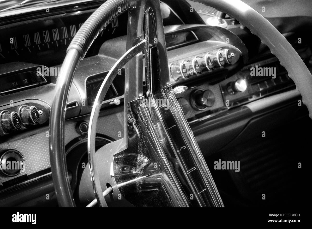 Tableau de bord automobile vintage DeSoto en noir et blanc Banque D'Images