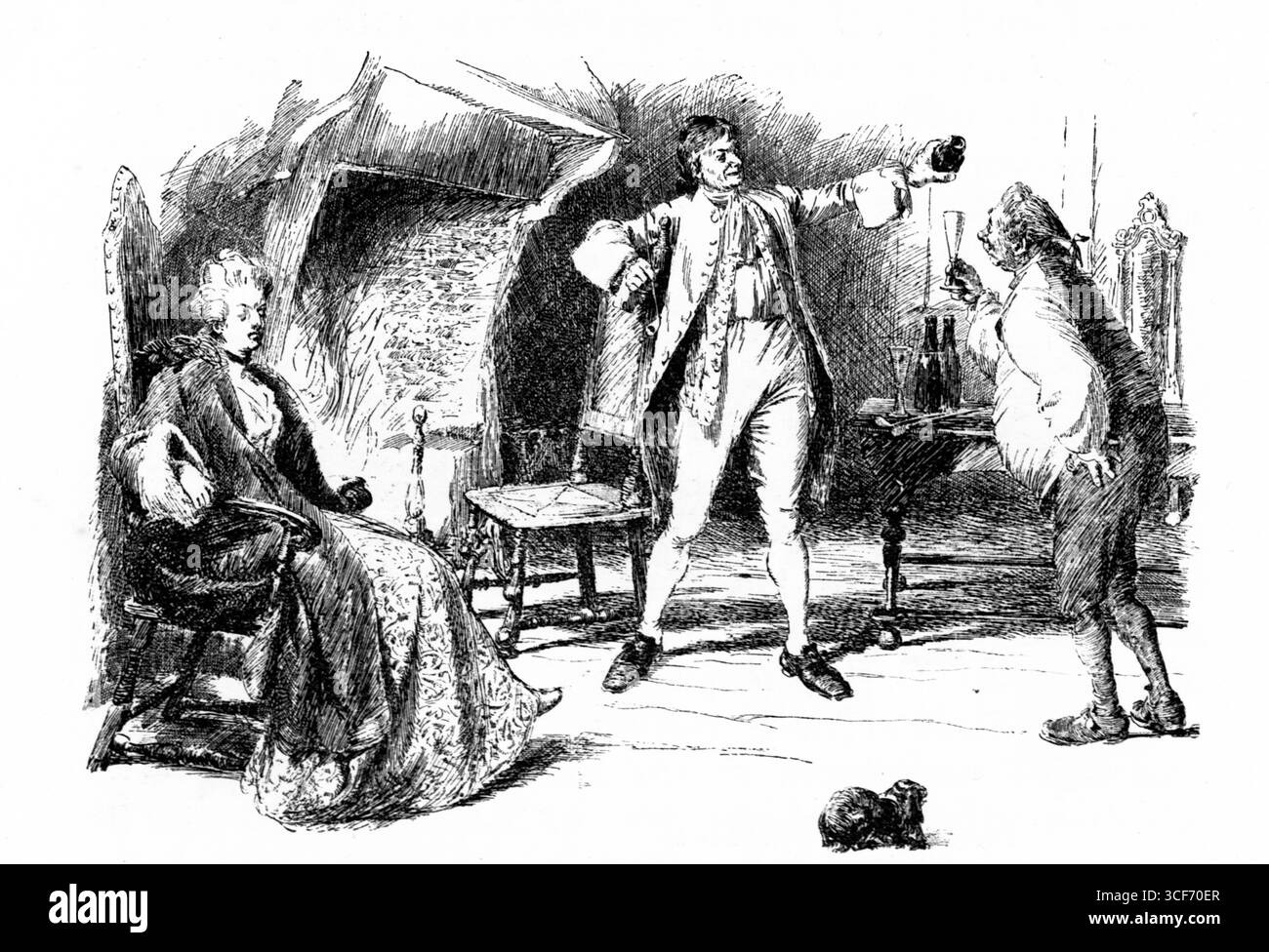 Dans une salle richement aménagée, Barry Lyndon se tient à mi-déclaration, bras levé avec une bouteille prête à briser le calme. Sa perruque en poudre et son gilet orné le marquent comme un homme de bravade du XVIIIe siècle. Un compagnon surpris fait des gestes de protestation, tandis qu'une dame assise regarde froidement. La cheminée se profile derrière, ancrant ce moment de drame aristocratique. Illustration publiée pour la première fois en 1888 par Richard Clay and sons dans le livre Coaching Days and Coaching Ways de W. Outram Tristram. Les illustrateurs étaient Herbert Railton et Hugh Thomson. Banque D'Images