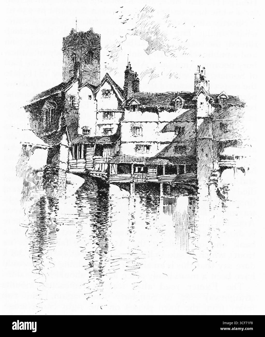 Les habitations à ossature de bois se blottissent le long du bord de l’Exe, leurs pignons et cheminées reflétant dans l’eau calme. Une tour d'église ancre la ligne d'horizon, tandis que des fondations étanches suggèrent l'âge et l'adaptation. Les lignes nostalgiques du croquis évoquent des siècles de commerce, de culte et de vie domestique, capturant le charme superposé du front de mer historique d'Exeter dans la vénération monochrome. Illustration publiée pour la première fois en 1888 par Richard Clay and sons dans le livre Coaching Days and Coaching Ways de W. Outram Tristram. Les illustrateurs étaient Herbert Railton et Hugh Thomson. Banque D'Images