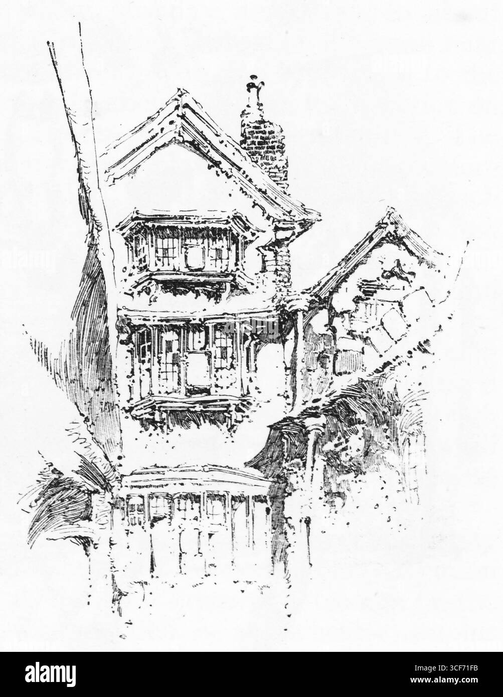 Un pignon abrupt s'avance vers le ciel au-dessus des fenêtres en plomb et des murs à colombages, sa cheminée ancrant la silhouette. L'étage supérieur saillant de la structure et la façade lambrissée évoquent l'artisanat Tudor, gravé dans de fins traits monochromes. Cette relique d'Exeter, posée au-dessus d'une rue ou d'un ruisseau calme, parle d'âge, d'adaptation et du charme durable de l'architecture vernaculaire. Illustration publiée pour la première fois en 1888 par Richard Clay and sons dans le livre Coaching Days and Coaching Ways de W. Outram Tristram. Les illustrateurs étaient Herbert Railton et Hugh Thomson. Banque D'Images