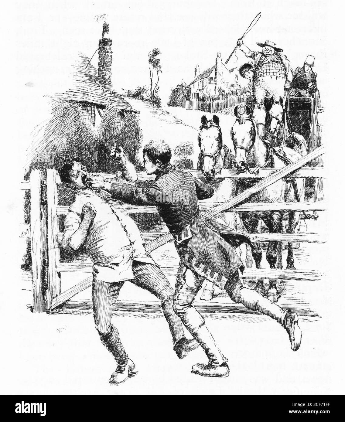 Un moment de tension se déploie à une porte rurale : un homme frappe un autre comme un barillet de voiture en avant, chevaux tendus, fouet levé. La poussière et l'urgence encadrent la scène du péage, avec des toits de chaume et des structures en perspective ancrant le drame. L'illustration capture la confrontation, le mouvement et la chorégraphie chargée des voyages, du devoir et des perturbations dans l'âge de l'entraînement. Illustration publiée pour la première fois en 1888 par Richard Clay and sons dans le livre Coaching Days and Coaching Ways de W. Outram Tristram. Les illustrateurs étaient Herbert Railton et Hugh Thomson. Banque D'Images