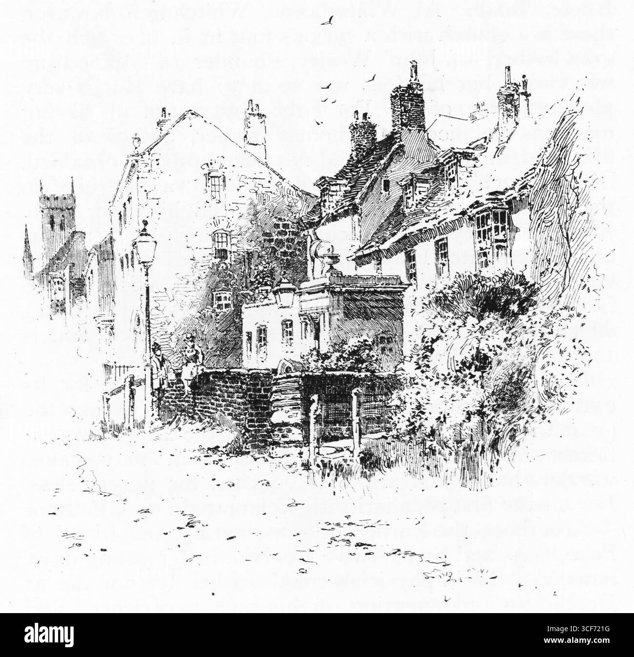 Une courbe douce de la route du village mène devant des façades en pierre et des toits inclinés vers le White Hart. Des marches s'élèvent à côté d'un mur de jardin, des lampadaires marquent le passage tranquille, et une tour d'église ancre la distance. Le croquis évoque le charme en couches de Dorchester – l’hospitalité, le patrimoine et le rythme lent de la vie rurale gravé dans la sérénité monochrome. Illustration publiée pour la première fois en 1888 par Richard Clay and sons dans le livre Coaching Days and Coaching Ways de W. Outram Tristram. Les illustrateurs étaient Herbert Railton et Hugh Thomson. Banque D'Images