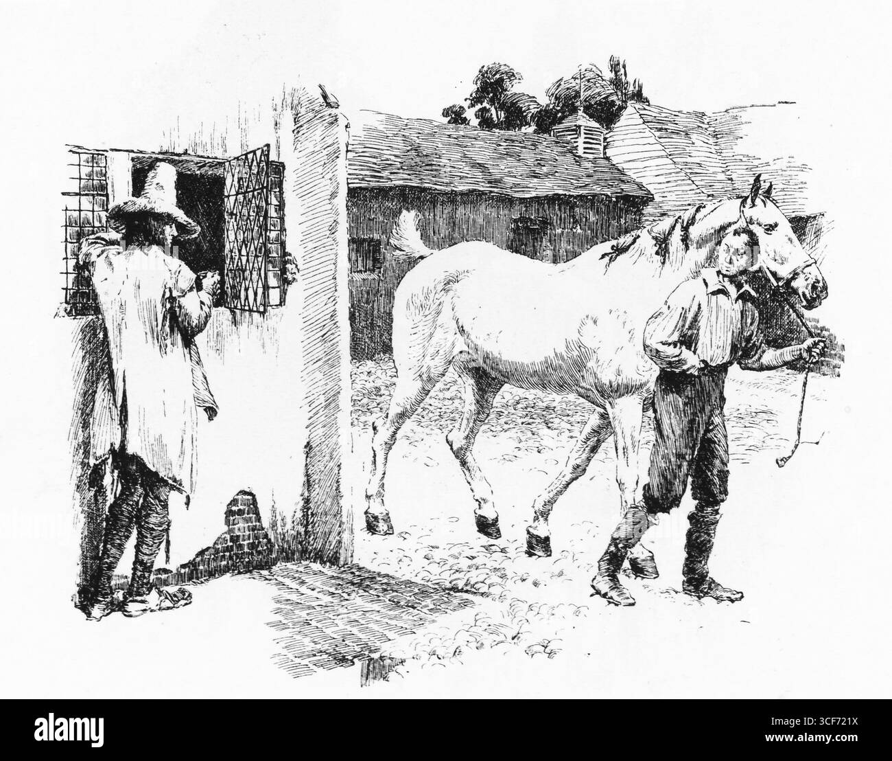 Un moment tranquille de reconnaissance se déroule : Charles II conduit un cheval blanc devant des granges et des toits inclinés, ignorant le regard de l’ostler depuis une fenêtre stable. L'homme dans le chapeau à larges bords se penche en avant, l'histoire remuant dans sa posture. Le croquis capture le calme rural percé par la révélation - une rencontre pondérée par le secret, la mémoire et la conséquence tranquille. Illustration publiée pour la première fois en 1888 par Richard Clay and sons dans le livre Coaching Days and Coaching Ways de W. Outram Tristram. Les illustrateurs étaient Herbert Railton et Hugh Thomson. Banque D'Images
