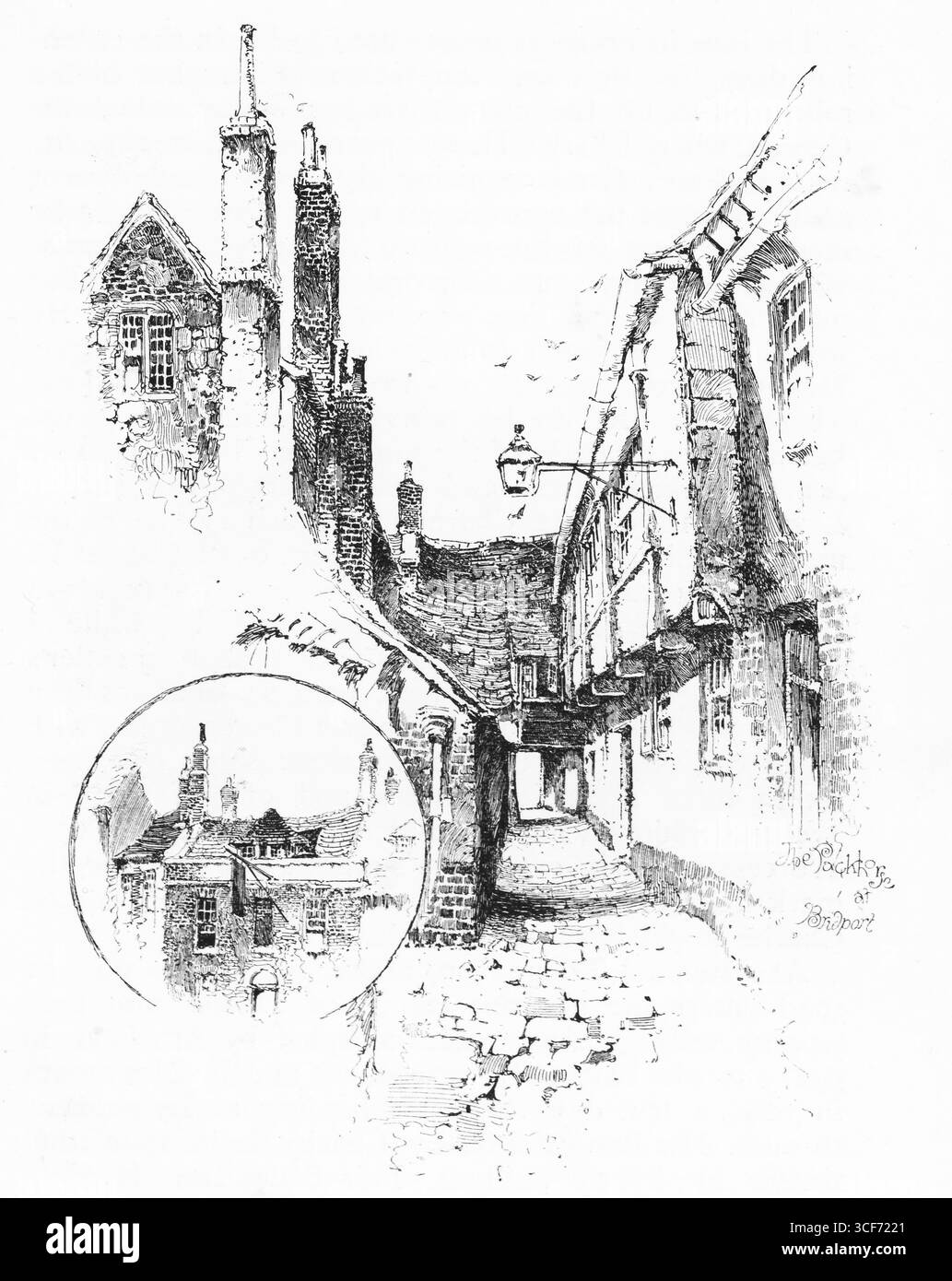 Des pavés serpentent à travers la rookerie de Bridport, où des bâtiments à pans de bois se penchent près de la ruelle. Des surplombs, des cheminées et des lampes vintage encadrent le passage, tandis qu'un empiècement sur le toit révèle des pignons groupés et des piles tachées de fumée. Le cheval de paquet évoque des siècles de commerce et d’abri, sa silhouette gravée en monochrome comme relique du mouvement, de la mémoire et de l’intimité architecturale. Illustration publiée pour la première fois en 1888 par Richard Clay and sons dans le livre Coaching Days and Coaching Ways de W. Outram Tristram. Les illustrateurs étaient Herbert Railton et Hugh Thomson. Banque D'Images