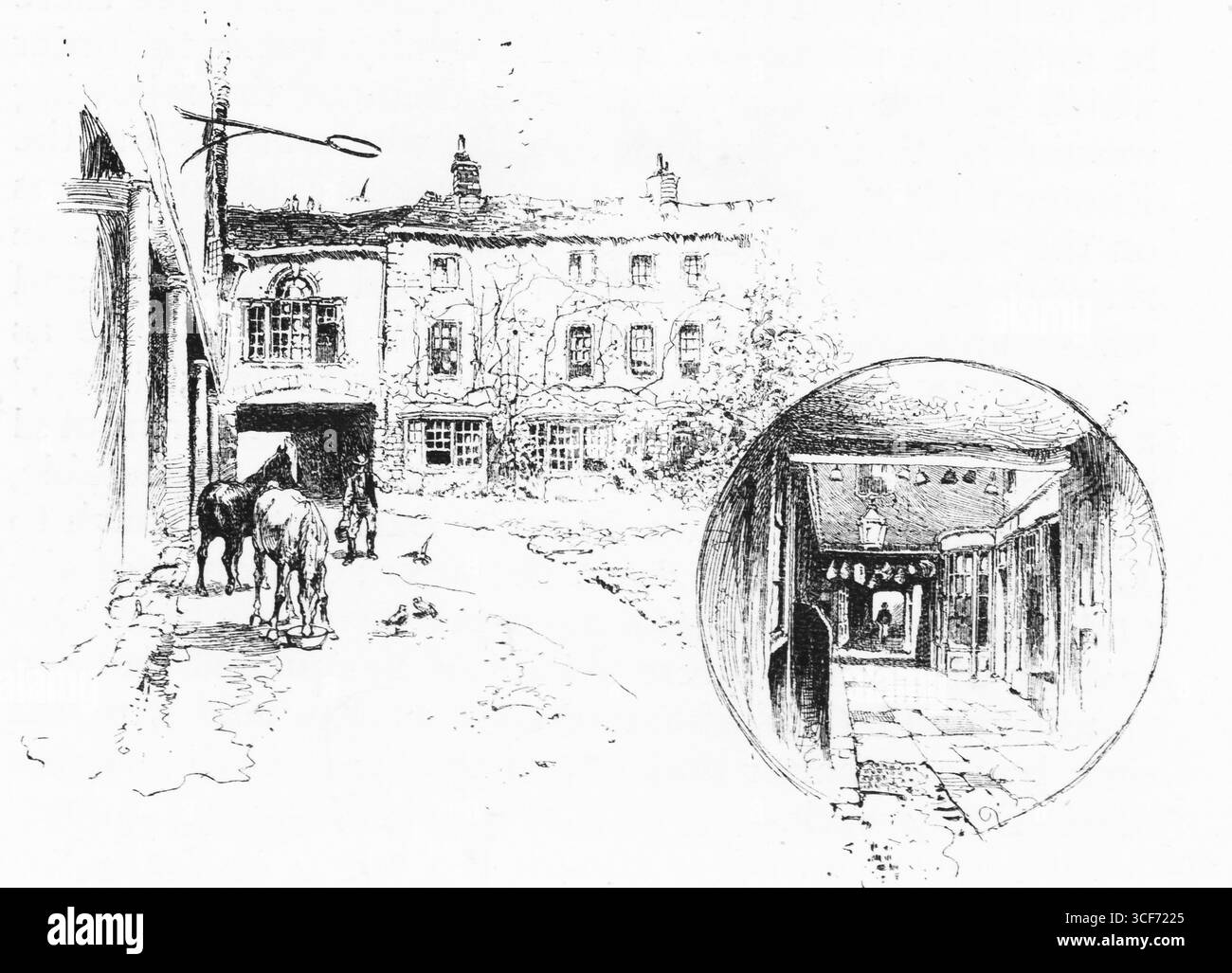 Deux chevaux attendent devant le George Inn, Axminster, son entrée voûtée et ses cheminées groupées ancrant une rue tranquille de pierre inégale. Un encart circulaire révèle la demi-lune, Exeter, un couloir intérieur carrelé et éclairé par une lanterne, avec une figure solitaire qui s'enfonce dans l'ombre. Ensemble, ils évoquent le rythme des voyages, des abris et de la mémoire architecturale à travers le Devon. Illustration publiée pour la première fois en 1888 par Richard Clay and sons dans le livre Coaching Days and Coaching Ways de W. Outram Tristram. Les illustrateurs étaient Herbert Railton et Hugh Thomson. Banque D'Images