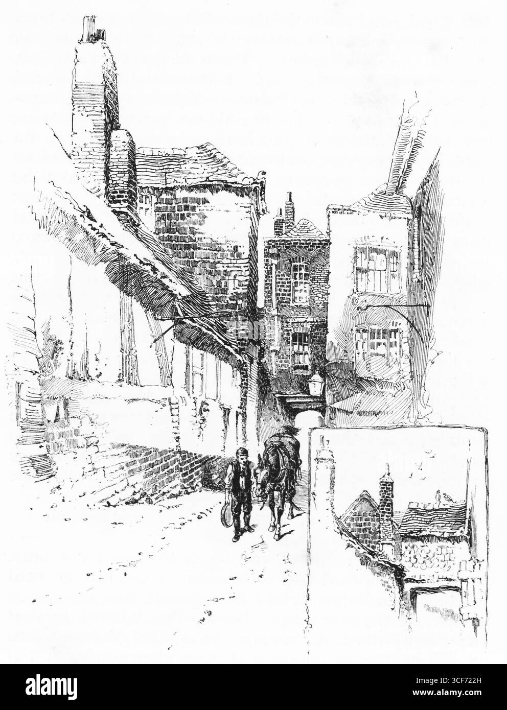 Dans la cour du White Hart, Guildford, une charrette tirée par des chevaux roule entre les façades en briques et les étages supérieurs en surplomb. Des personnages en robe d'époque marchent à côté d'elle, encadrés par des cheminées et un sol pavé. Un encart révèle des toits groupés et des pots de cheminée. La scène capture l'agitation et l'enceinte de la vie d'entraîneur - intime, texturée et imprégnée de mémoire architecturale. Illustration publiée pour la première fois en 1888 par Richard Clay and sons dans le livre Coaching Days and Coaching Ways de W. Outram Tristram. Les illustrateurs étaient Herbert Railton et Hugh Thomson. Banque D'Images