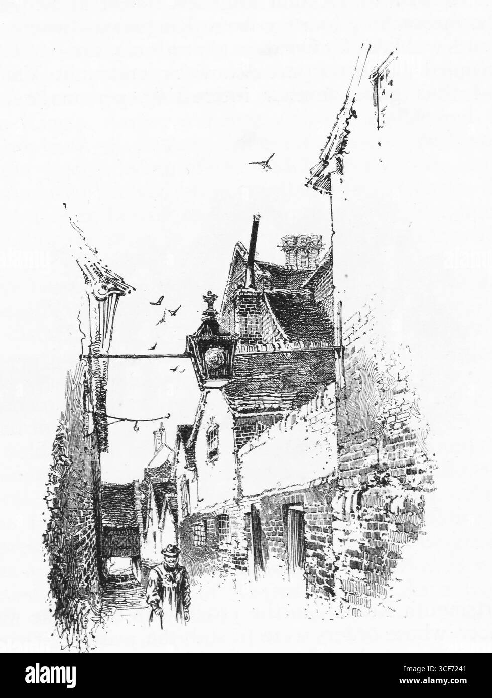 Un passage étroit flanqué de pignons abrupts et de cheminées en briques révèle un coin tranquille de l’Abbot’s Hospital, Guildford. Une lanterne jaillit au-dessus de l'allée, projetant une lumière imaginée sur la figure solitaire et le chien en dessous. Les oiseaux roulent au-dessus des toits, et la perspective se dessine vers l'intérieur - vers la charité cloîtrée, le rythme architectural, et le cachet durable de l'héritage civique. Illustration publiée pour la première fois en 1888 par Richard Clay and sons dans le livre Coaching Days and Coaching Ways de W. Outram Tristram. Les illustrateurs étaient Herbert Railton et Hugh Thomson. Banque D'Images