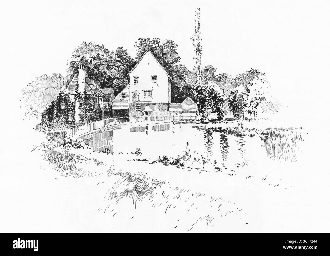 Le Old Mill près de Guildford est niché à côté d'un ruisseau tranquille, son toit escarpé et sa cheminée reflétant dans l'eau plate. Un pont rustique mène vers des bâtiments groupés et des arbres denses, où l'industrie rencontrait autrefois la nature. Le croquis capture le rythme pastoral et le repos architectural – une ode au travail rural, à la réflexion et au charme durable des marges boisées du Surrey. Illustration publiée pour la première fois en 1888 par Richard Clay and sons dans le livre Coaching Days and Coaching Ways de W. Outram Tristram. Les illustrateurs étaient Herbert Railton et Hugh Thomson. Banque D'Images