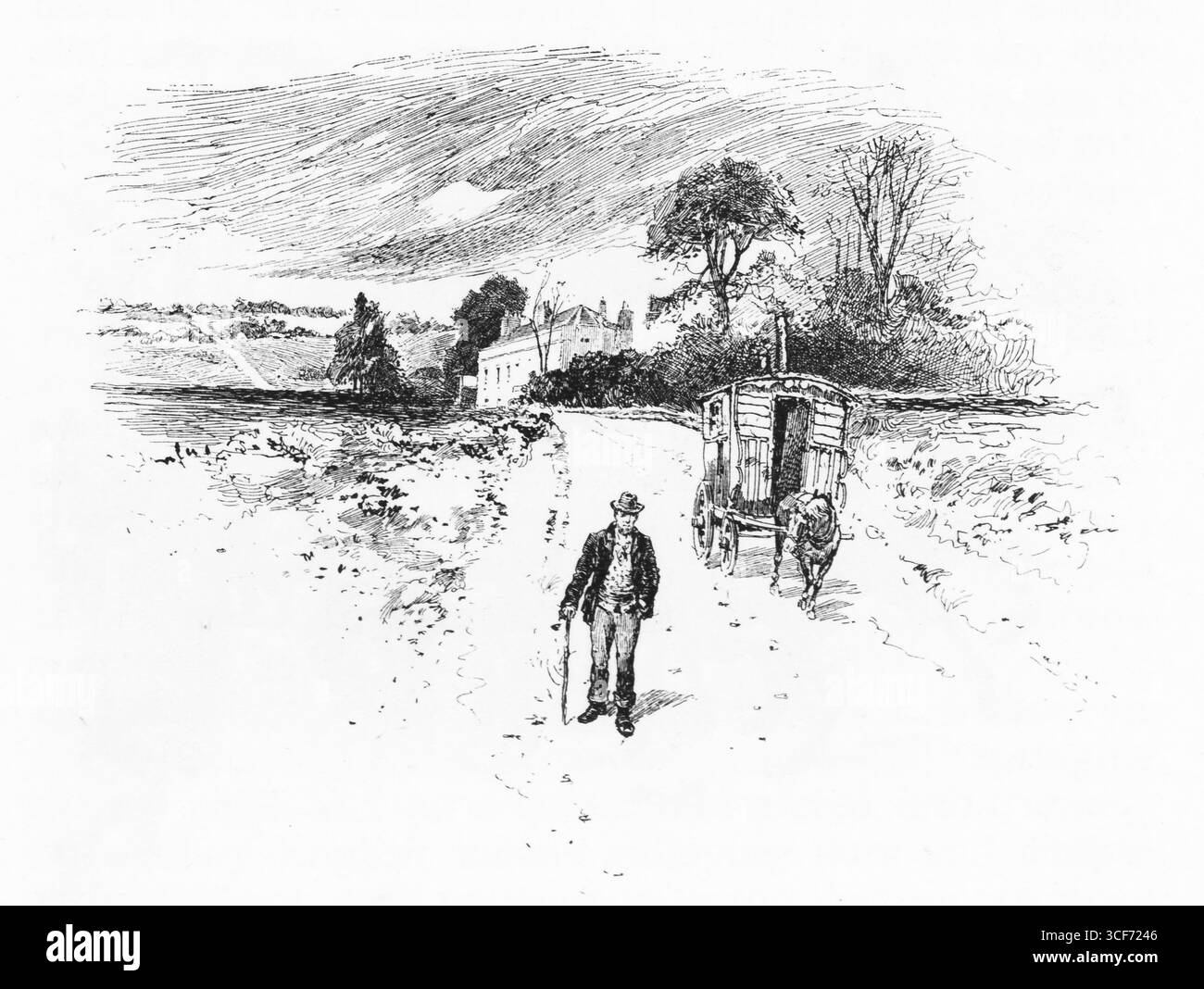 Le Seven Thorns Inn, Liphook, se dresse à côté de la route poussiéreuse, sa charrette et son cheval s'arrêtent au rythme rural. Un voyageur solitaire avance, canne à la main, encadré par des champs ouverts et des arbres lointains. La scène évoque la fatigue de l'entraînement et la continuité pastorale - où les auberges étaient des points de passage de repos, et la campagne a été témoin d'innombrables voyages tranquilles. Illustration publiée pour la première fois en 1888 par Richard Clay and sons dans le livre Coaching Days and Coaching Ways de W. Outram Tristram. Les illustrateurs étaient Herbert Railton et Hugh Thomson. Banque D'Images