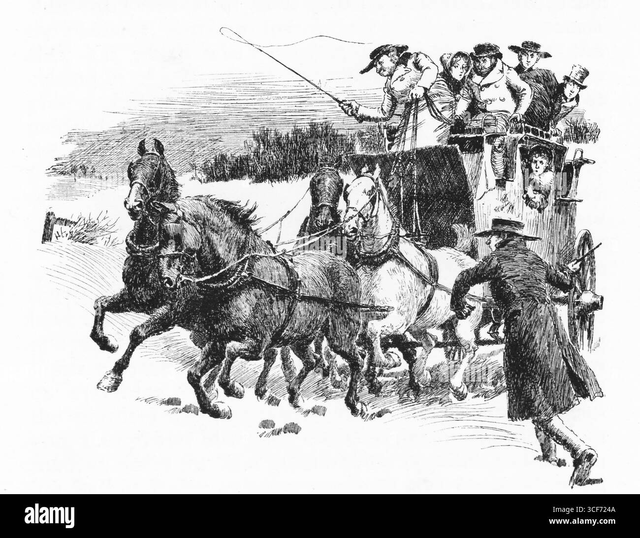 Un autocar traverse une dérive de neige, des chevaux se décontractant en urgence synchronisée, des sabots se soulevèrent en pleine galop. Le carrossier se penche vers l'avant, fouet levé, les passagers accrochés au sommet de la voiture. Un homme court à côté, pris dans le chaos. La scène déborde de dangers hivernaux et de drames cinétiques, où les voyages défiaient la météo, et la route exigeait du courage, de la vitesse et de la coordination. Illustration publiée pour la première fois en 1888 par Richard Clay and sons dans le livre Coaching Days and Coaching Ways de W. Outram Tristram. Les illustrateurs étaient Herbert Railton et Hugh Thomson. Banque D'Images