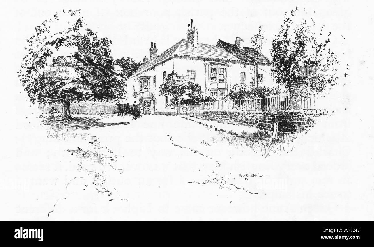 The Anchor at Liphook se dresse serein derrière sa clôture et son feuillage, une auberge de coaching de deux étages nichée dans le calme rural. Les cheminées s'élèvent au-dessus des fenêtres groupées, tandis que les personnages se rassemblent près de l'entrée, suggérant un repos, une arrivée ou un échange tranquille. Le chemin courbe doucement vers la maison, invitant à la pause. C’est une scène d’hospitalité, de mémoire et de rythme de la route. Illustration publiée pour la première fois en 1888 par Richard Clay and sons dans le livre Coaching Days and Coaching Ways de W. Outram Tristram. Les illustrateurs étaient Herbert Railton et Hugh Thomson. Banque D'Images