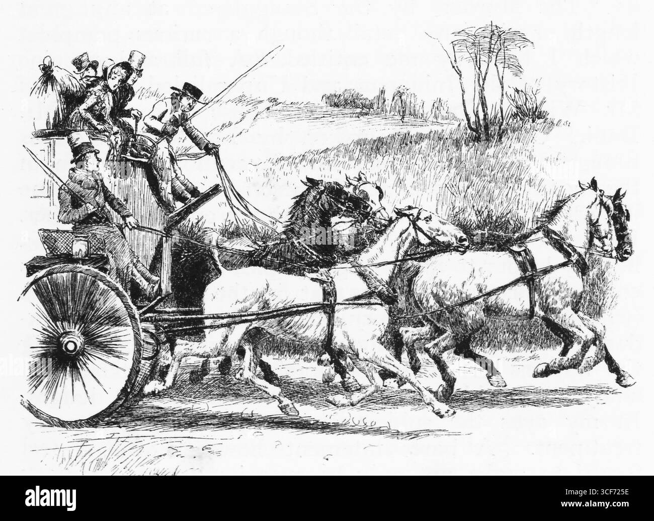 Une équipe de quatre chevaux survole le grand pays, les rênes tendues et les roues floues en mouvement. Le conducteur se penche vers l'avant, fouet levé, tandis que les passagers s'appuient contre le vent. « Racing the mail » capture l’urgence et le romantisme du voyage pré-ferroviaire – où la vitesse signifiait statut, et la route était une scène pour l’audace, la poussière et le drame de la livraison. Illustration publiée pour la première fois en 1888 par Richard Clay and sons dans le livre Coaching Days and Coaching Ways de W. Outram Tristram. Les illustrateurs étaient Herbert Railton et Hugh Thomson. Banque D'Images