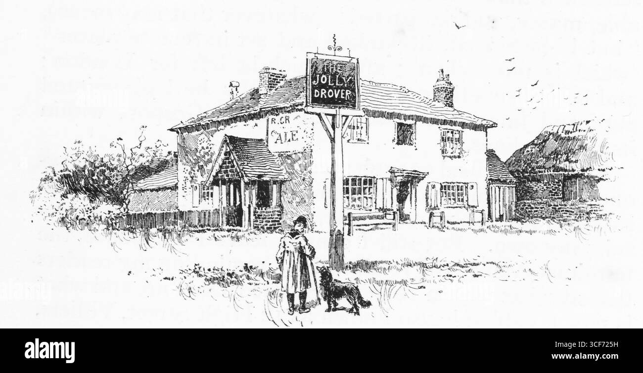 Située le long de Rake Hill, cette auberge en bord de route se niche sous des cheminées groupées et un toit en tuiles, sa façade à pignons entourée d'arbres et de structures calmes. Une femme se tient debout avec son chien au premier plan, ancrant la scène dans un rythme rural vécu. La gravure évoque la pause de route, le calme domestique, et la présence durable de l'hospitalité de la campagne. Illustration publiée pour la première fois en 1888 par Richard Clay and sons dans le livre Coaching Days and Coaching Ways de W. Outram Tristram. Les illustrateurs étaient Herbert Railton et Hugh Thomson. Banque D'Images