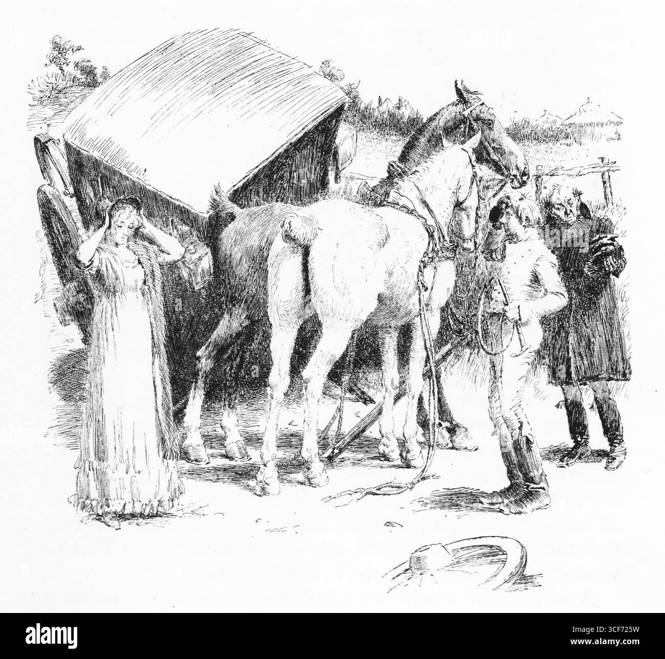 Deux chevaux se tiennent attelés à côté d'un chariot en panne. Un personnage en tenue d'équitation fait des gestes vers un homme avec un livre ou une carte, tandis qu'une femme en détresse lève les mains en état d'alarme. La scène suggère un voyage interrompu et une prise de décision urgente, rendue dans un dessin au trait expressif typique des gravures de 1888 de Railton et Thomson pour Coaching Days et Coaching Ways. Illustration publiée pour la première fois en 1888 par Richard Clay and sons dans le livre Coaching Days and Coaching Ways de W. Outram Tristram. Les illustrateurs étaient Herbert Railton et Hugh Thomson. Banque D'Images