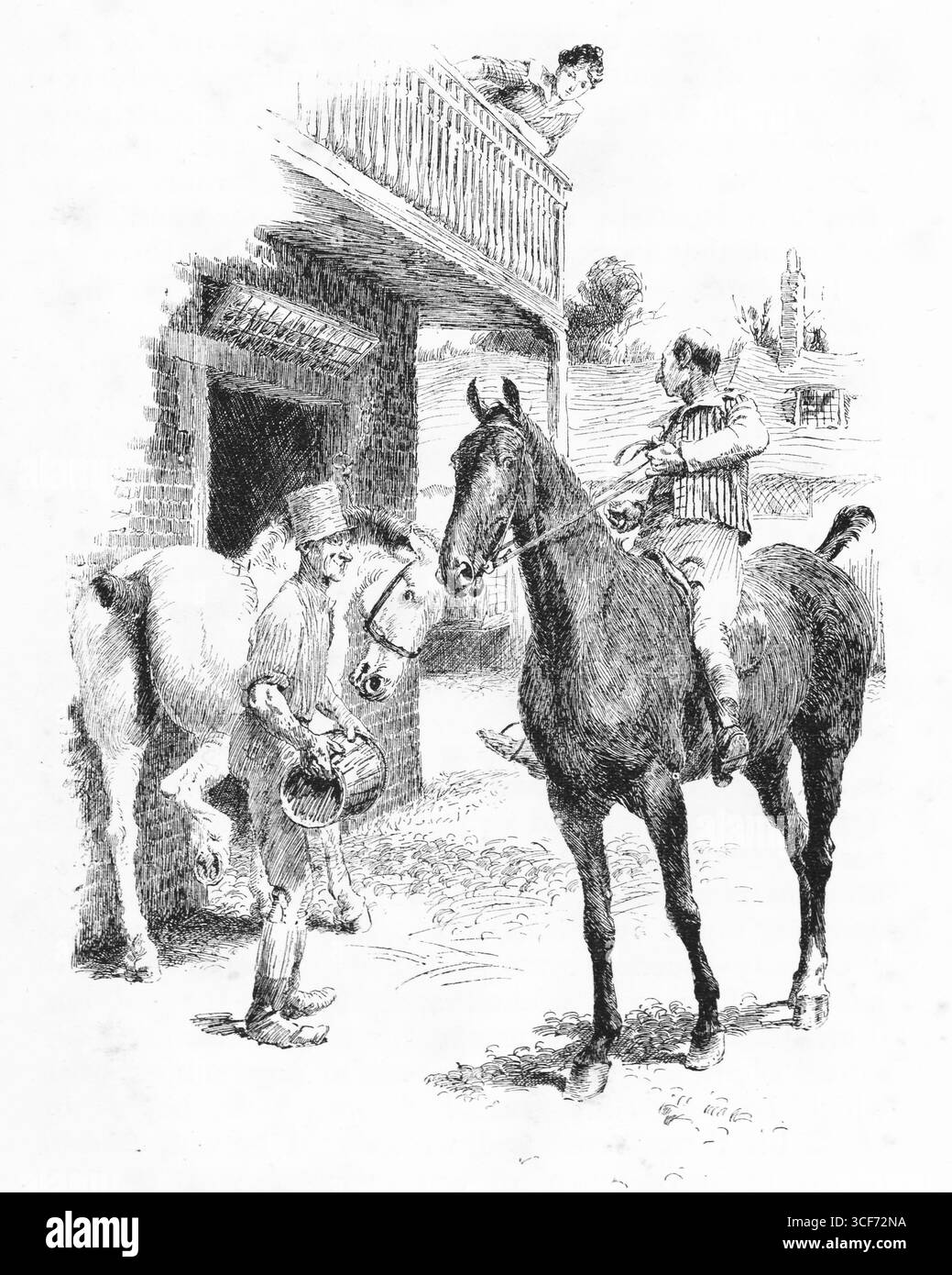 À l'extérieur d'une écurie encadrée de briques et de bois, un cavalier monté en tenue rayée stabilise son cheval sombre tandis qu'un préposé vêtu de fès prépare un second cheed pâle. Au-dessus, une troisième figure se penche sur un balcon en bois, observant l'échange ci-dessous. La composition équilibre les éléments architecturaux verticaux avec le mouvement équin et le geste humain, évoquant un moment de préparation ou de négociation tranquille. Illustration publiée pour la première fois en 1888 par Richard Clay and sons dans le livre Coaching Days and Coaching Ways de W. Outram Tristram. Les illustrateurs étaient Herbert Railton et Hugh Thomson. Banque D'Images