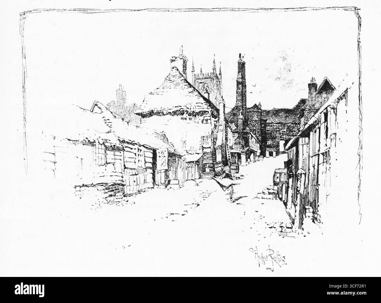 Une rue sinueuse bordée de maisons à pans de bois mène vers des flèches et une grande cheminée, mêlant grâce ecclésiastique et présence industrielle. Les bras Dorset ancrent la scène dans la mémoire architecturale d’East Grinstead. Les toits inclinés et les façades texturées guident le regard à travers la profondeur et le contraste, capturant l’identité en couches d’une ville à l’encre monochrome. Illustration publiée pour la première fois en 1888 par Richard Clay and sons dans le livre Coaching Days and Coaching Ways de W. Outram Tristram. Les illustrateurs étaient Herbert Railton et Hugh Thomson. Banque D'Images
