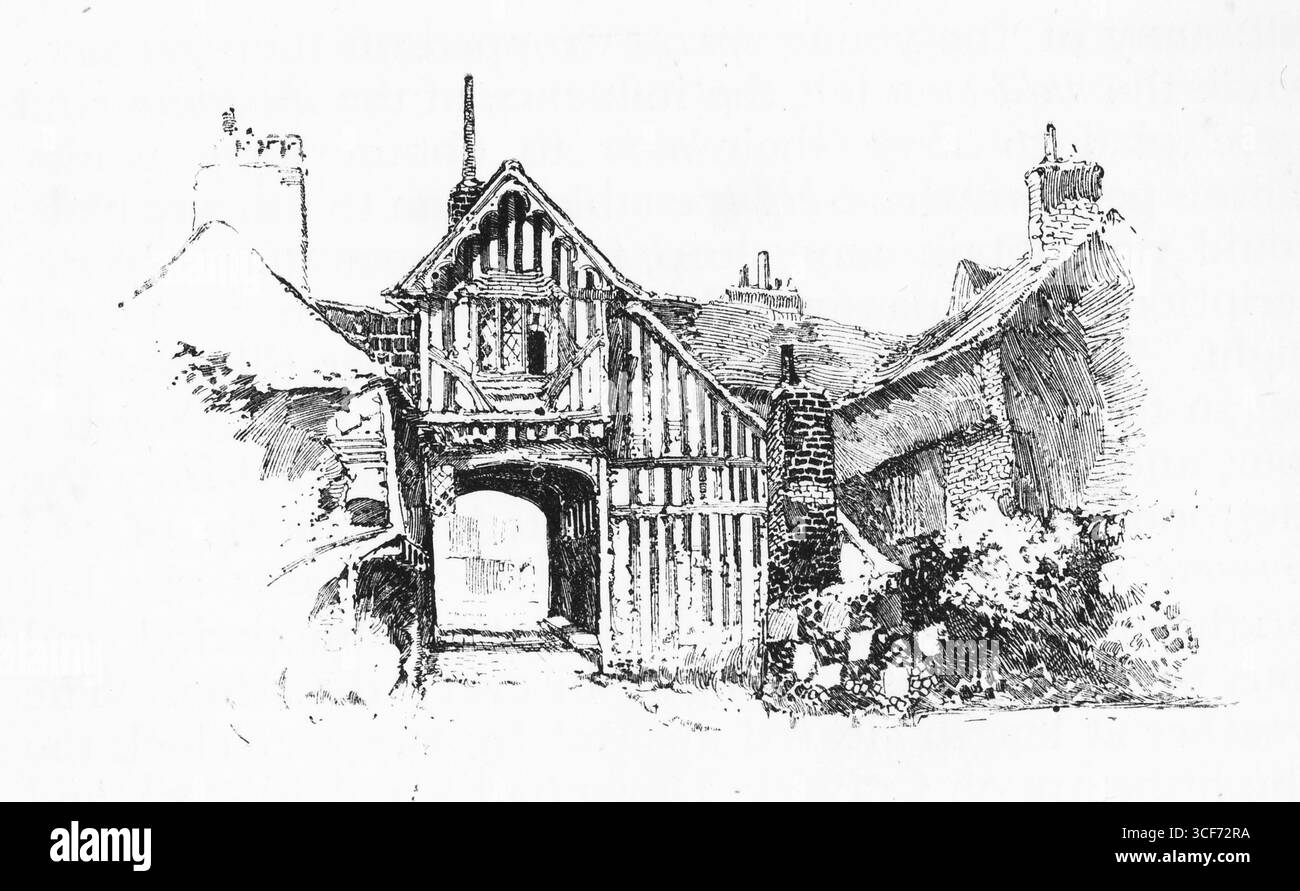 L’Hôpital John’s se dresse avec une dignité tranquille, sa façade à colombages et son entrée à pignons encadrée par des toits inclinés et des cheminées robustes. Les poutres apparentes et les panneaux de remplissage évoquent l'artisanat médiéval, tandis que les fines lignes du croquis capturent les textures de brique et de bois avec révérence. La symétrie rustique du bâtiment suggère à la fois sanctuaire et permanence dans le cœur historique de Canterbury. Illustration publiée pour la première fois en 1888 par Richard Clay and sons dans le livre Coaching Days and Coaching Ways de W. Outram Tristram. Les illustrateurs étaient Herbert Railton et Hugh Thomson. Banque D'Images