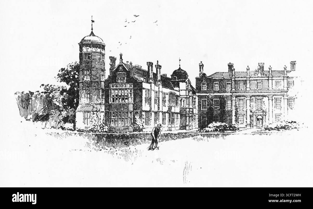 Cobham Hall domine le paysage avec sa tour en forme de dôme, ses ailes à pignons et son entrée à colonnes. De multiples cheminées ponctuent la ligne de toit, tandis que deux figures qui flânent animent la pelouse bien entretenue. Les détails ornés de la structure et la symétrie équilibrée évoquent le noble passé de Rochester, rendu en monochrome avec respect pour l’échelle, la texture et la paisible autorité du patrimoine. Illustration publiée pour la première fois en 1888 par Richard Clay and sons dans le livre Coaching Days and Coaching Ways de W. Outram Tristram. Les illustrateurs étaient Herbert Railton et Hugh Thomson. Banque D'Images