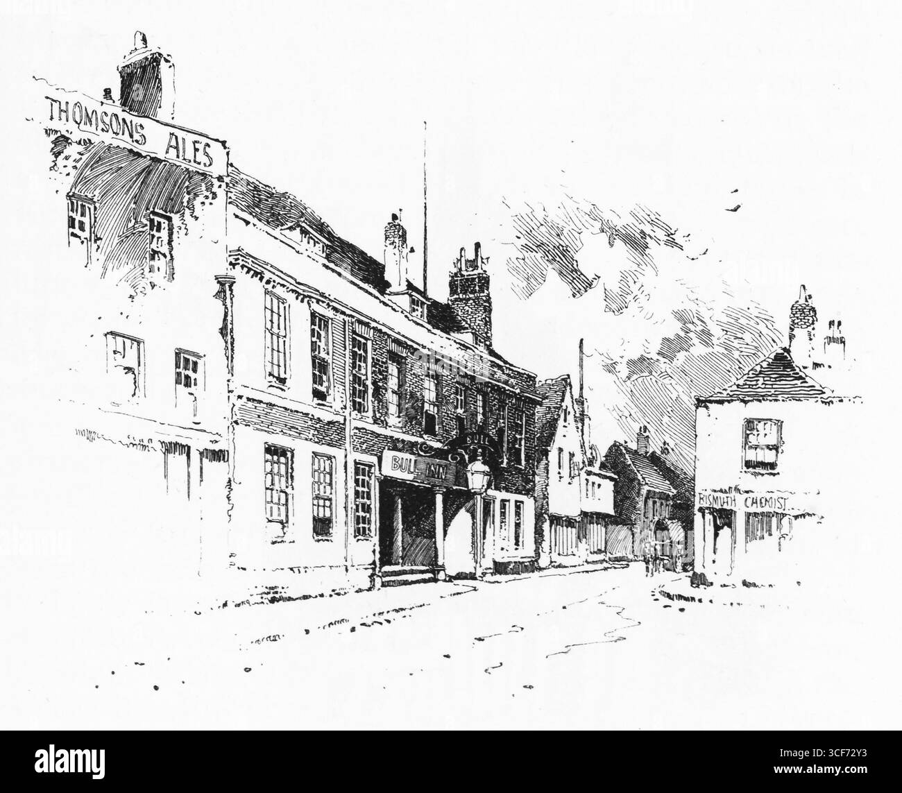 Une scène de rue calme se déroule en monochrome, avec des bâtiments à la façade en briques s'éloignant au loin. Les cheminées et les fenêtres à guillotine donnent du rythme et de l'âge. La structure la plus à gauche ancre la composition, tandis qu'une façade contrastée à droite suggère un usage civique ou commercial. La rue vide évoque le calme nostalgique, riche en texture architecturale et ambiance historique. Illustration publiée pour la première fois en 1888 par Richard Clay and sons dans le livre Coaching Days and Coaching Ways de W. Outram Tristram. Les illustrateurs étaient Herbert Railton et Hugh Thomson. Banque D'Images