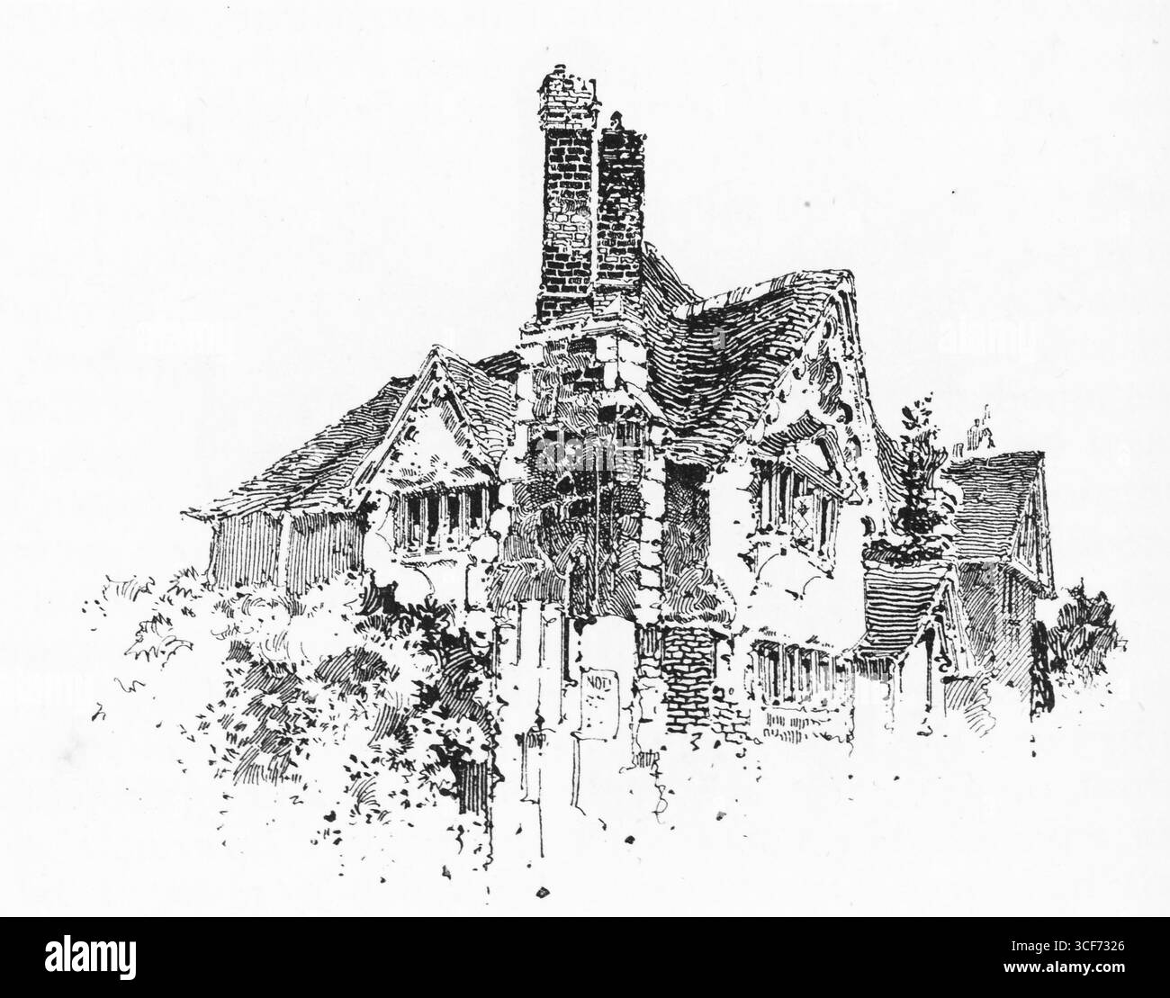 La maison de ville d'Ightham se dresse avec des toits en bardeaux abrupts, une cheminée en briques audacieuse et des fenêtres à meneaux encadrées par des pignons décoratifs. Les textures de pierre et de brique se fondent sous le feuillage grimpant, suggérant âge et dignité tranquille. Les détails fins du croquis évoquent un caractère anglais intemporel, enraciné dans l’artisanat, adouci par la nature. Illustration publiée pour la première fois en 1888 par Richard Clay and sons dans le livre Coaching Days and Coaching Ways de W. Outram Tristram. Les illustrateurs étaient Herbert Railton et Hugh Thomson. Banque D'Images