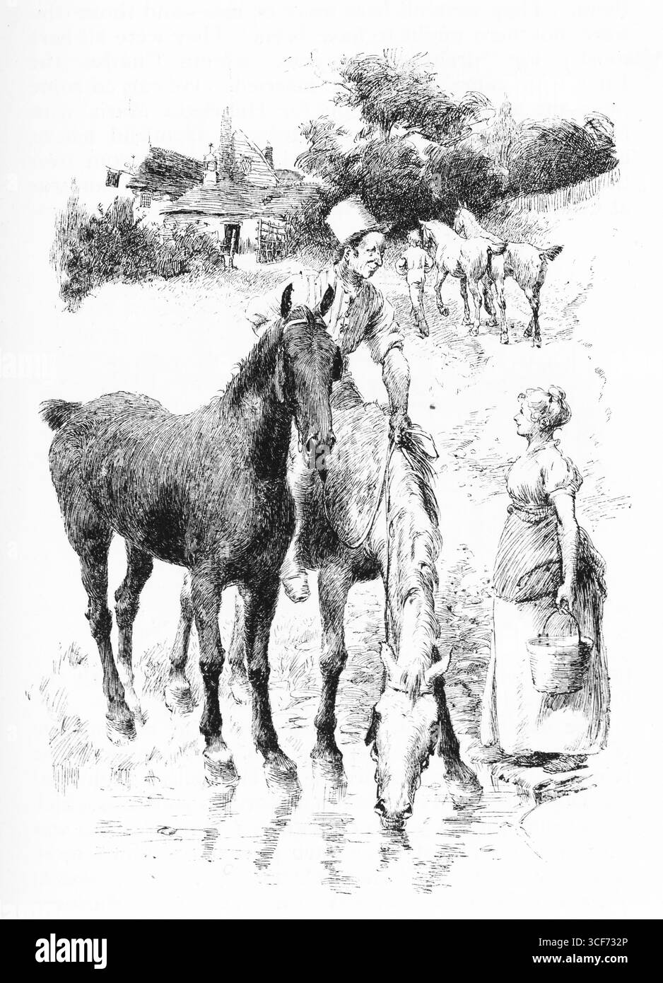 Un cavalier se penche à cheval pour parler avec une femme tenant un seau, sa posture attentive et mise à la terre. À proximité, un cheval boit dans un ruisseau, tandis que d'autres s'attardent dans le cadre rural des arbres et des chalets. La scène capture un échange tranquille au milieu de rythmes pastoraux, rendu avec des lignes texturées et une sensation de mouvement doux. Illustration publiée pour la première fois en 1888 par Richard Clay and sons dans le livre Coaching Days and Coaching Ways de W. Outram Tristram. Les illustrateurs étaient Herbert Railton et Hugh Thomson. Banque D'Images