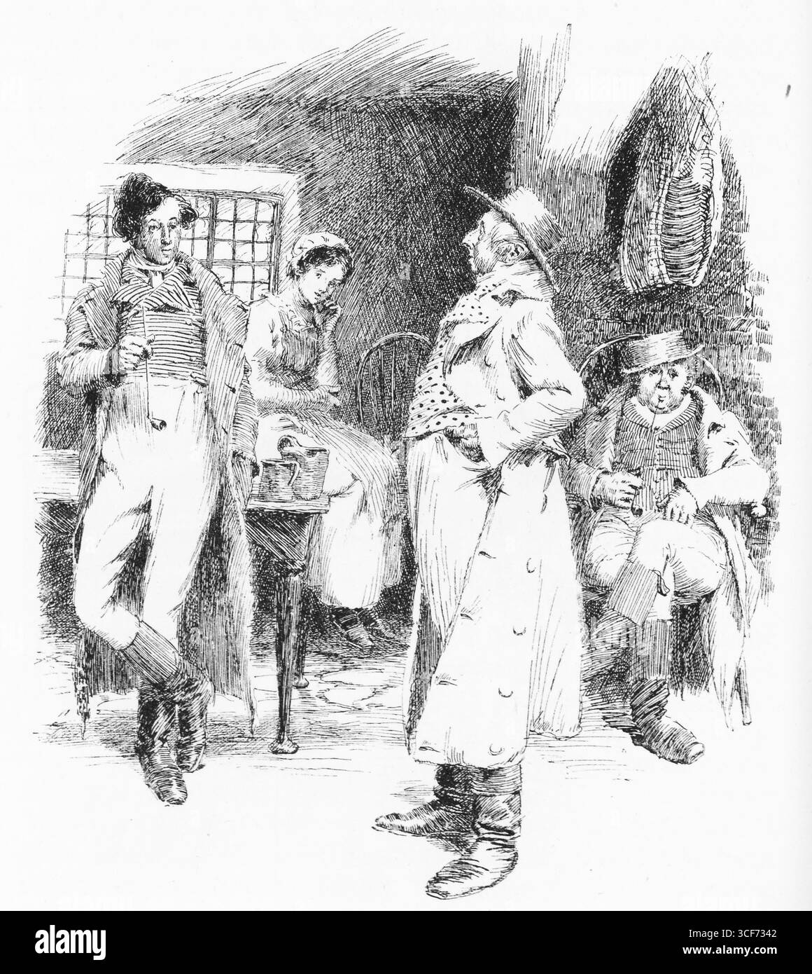 Ce dessin au trait représente quatre personnages rassemblés dans une pièce rustique faiblement éclairée. Deux hommes se tiennent debout, l'un appuyé contre une chaise et l'autre vêtu d'un long manteau face à lui. Une femme est assise entre eux, et un autre homme est assis sur une chaise à droite. La scène suggère un bref répit lors d'un voyage, avec les personnages engagés dans la conversation. Illustration publiée pour la première fois en 1888 par Richard Clay and sons dans le livre Coaching Days and Coaching Ways de W. Outram Tristram. Les illustrateurs étaient Herbert Railton et Hugh Thomson. Banque D'Images