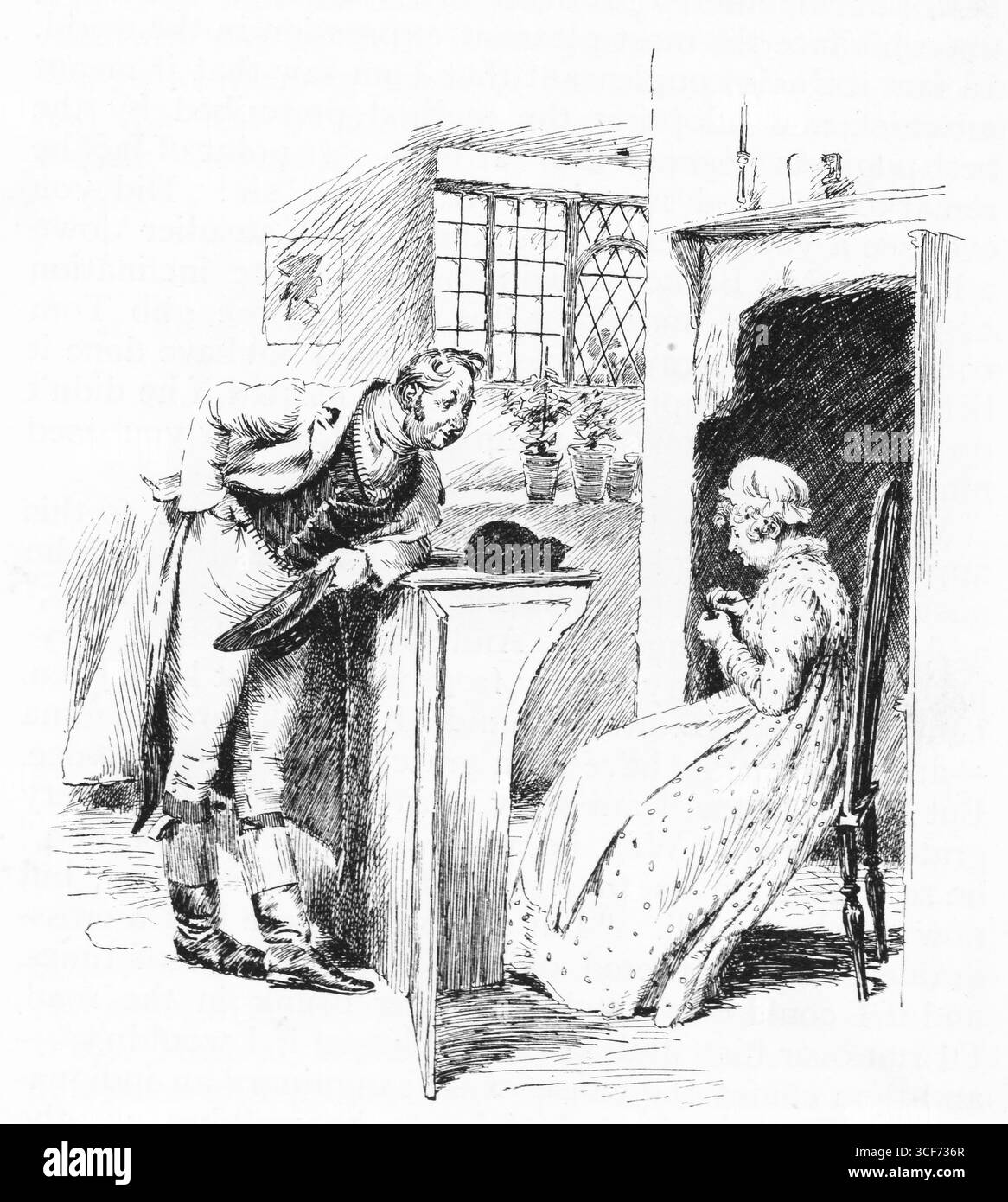 Un dessin détaillé à la plume et à l'encre montre un homme et une femme dans une vieille pièce. L'homme, tenant son chapeau, se penche pour parler à la femme, qui est assise et semble faire des travaux d'aiguille. L'intérieur a une grande fenêtre et une sensation rustique. Illustration publiée pour la première fois en 1888 par Richard Clay and sons dans le livre Coaching Days and Coaching Ways de W. Outram Tristram. Les illustrateurs étaient Herbert Railton et Hugh Thomson. Banque D'Images