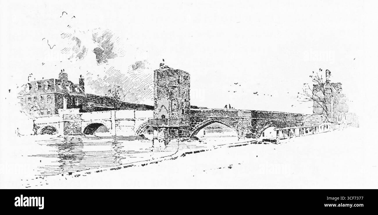 Neots : un pont de pierre à voûtes multiples s'étend sur une rivière qui coule, ancré par une structure centrale en forme de tour. Les bâtiments avec des cheminées se regroupent à chaque extrémité, suggérant un paysage urbain fortifié. L’eau ondule avec le mouvement, reflétant le poids et la symétrie du pont. La scène évoque la résilience médiévale et l'élégance durable de l'architecture civique anglaise. Illustration publiée pour la première fois en 1888 par Richard Clay and sons dans le livre Coaching Days and Coaching Ways de W. Outram Tristram. Les illustrateurs étaient Herbert Railton et Hugh Thomson. Banque D'Images