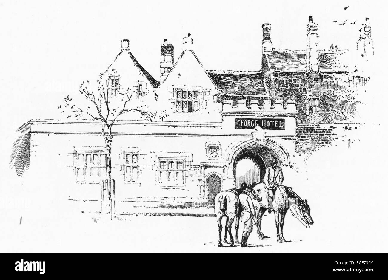Le George : un hôtel à pignons se dresse derrière un arbre sans feuilles, ses fenêtres cintrées et ses cheminées groupées suggérant âge et stature. Un cheval se tient calmement tandis que trois personnages, dont un monté, conversent près de l'entrée. Les oiseaux roulent au-dessus de la ligne de toit, ajoutant du mouvement à la rue calme. La scène évoque le mélange de tradition, de voyage et d’échange social discret de Stamford. Illustration publiée pour la première fois en 1888 par Richard Clay and sons dans le livre Coaching Days and Coaching Ways de W. Outram Tristram. Les illustrateurs étaient Herbert Railton et Hugh Thomson. Banque D'Images