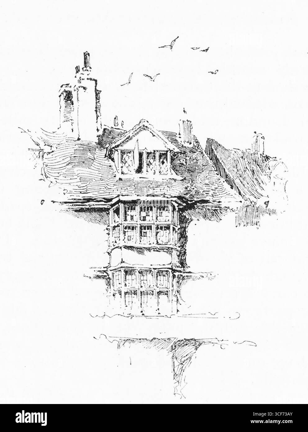 En, Albans, Hertfordshire, un bâtiment à plusieurs étages au toit escarpé s'élève avec des échos Tudor - des accents de bois, des cheminées groupées et une baie vitrée proéminente faisant saillie de la façade. Les oiseaux arquent au-dessus dans le ciel pâle, animant le croquis tranquille. Le rendu aux lignes fines capture la dignité architecturale et la profondeur historique, évoquant le passé stratifié de la ville et son caractère visuel durable. Illustration publiée pour la première fois en 1888 par Richard Clay and sons dans le livre Coaching Days and Coaching Ways de W. Outram Tristram. Les illustrateurs étaient Herbert Railton et Hugh Thomson. Banque D'Images